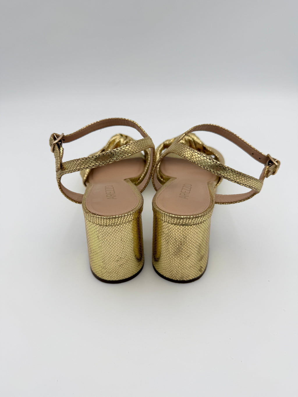 Arezzo Block Heel Gold Sandal Size 8