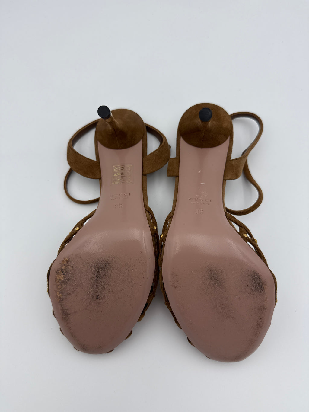 Gucci Caged Peep Toe Brown Suede Heel size 36