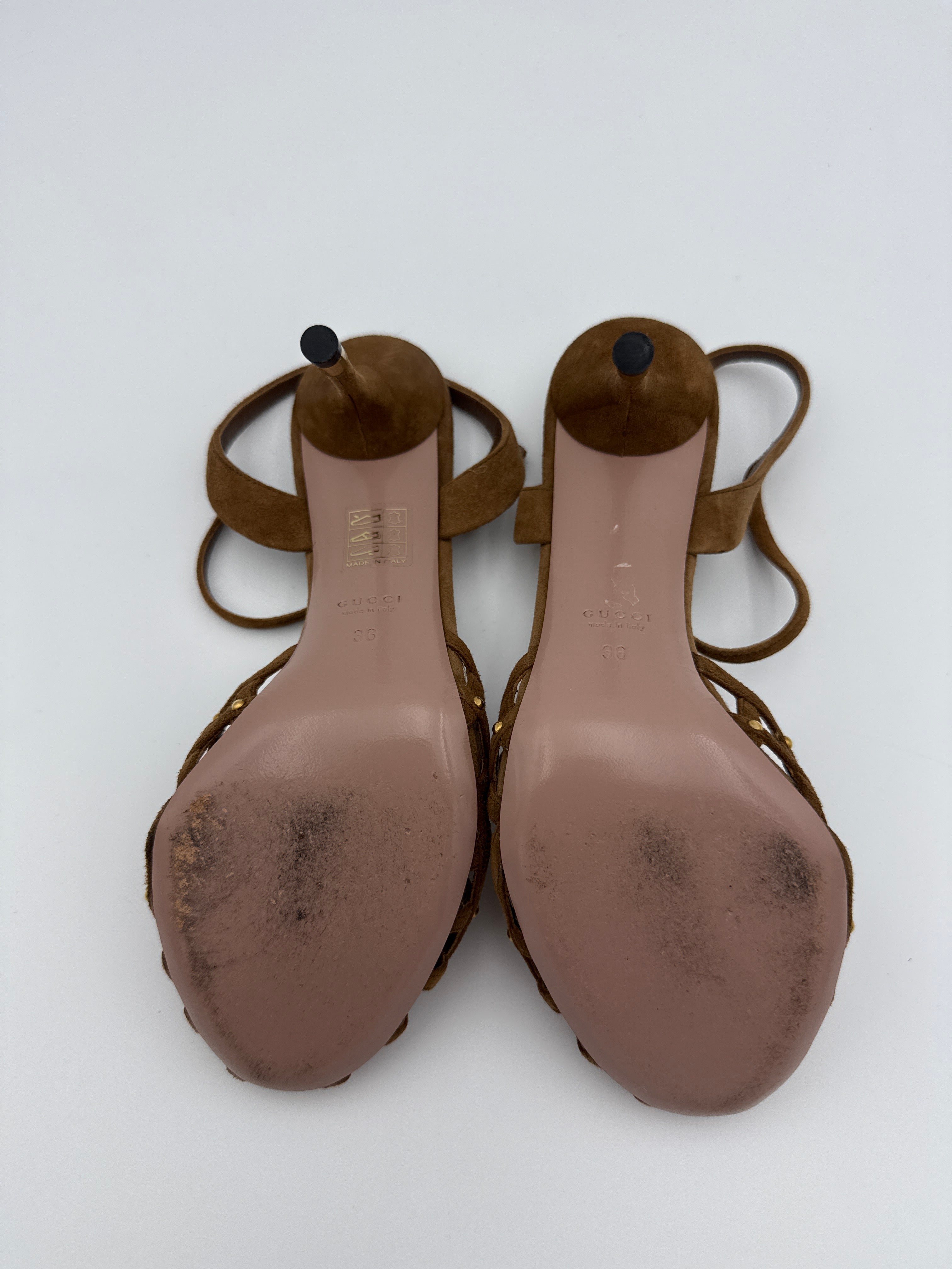 Gucci Caged Peep Toe Brown Suede Heel size 36
