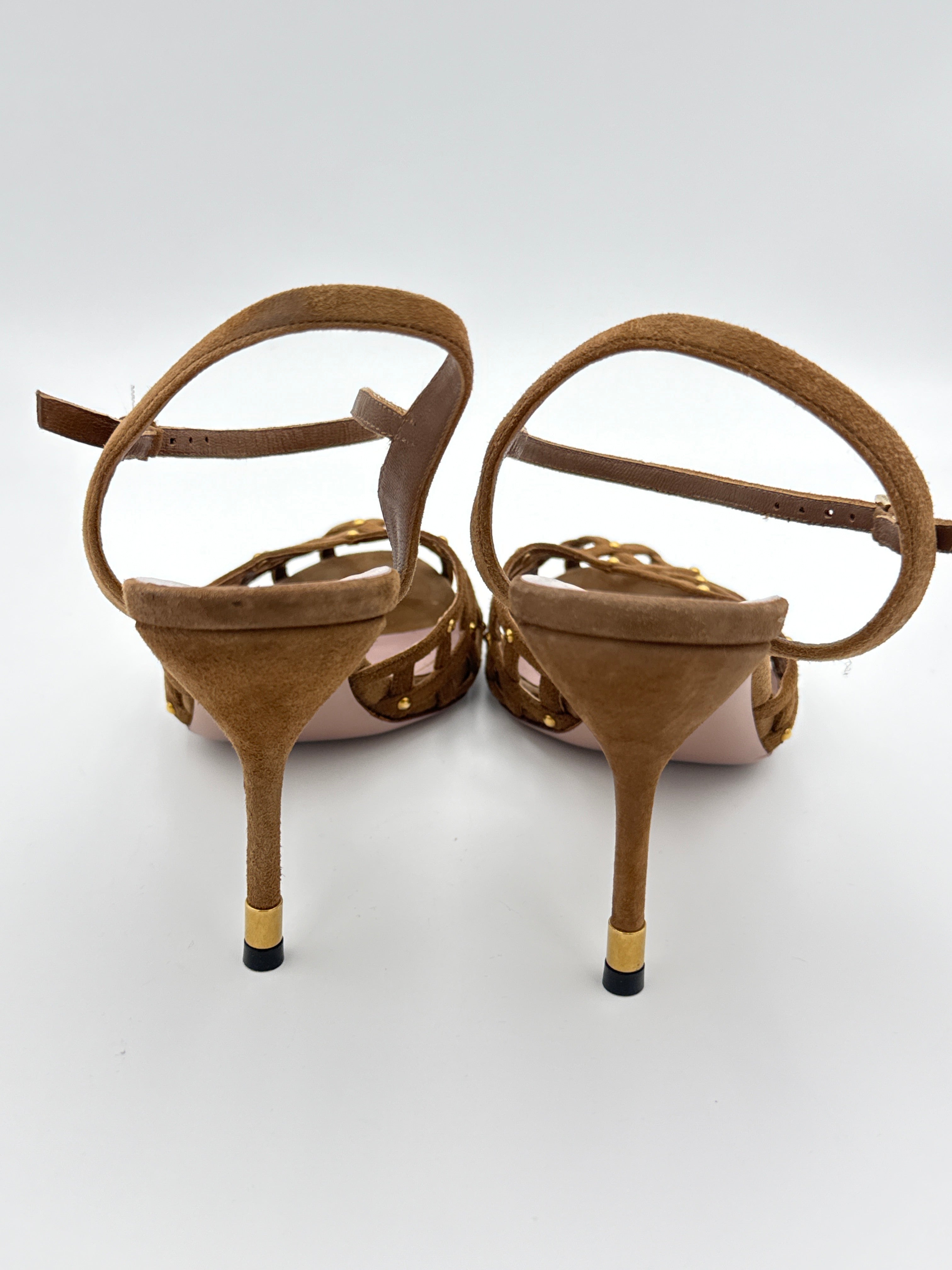 Gucci Caged Peep Toe Brown Suede Heel size 36