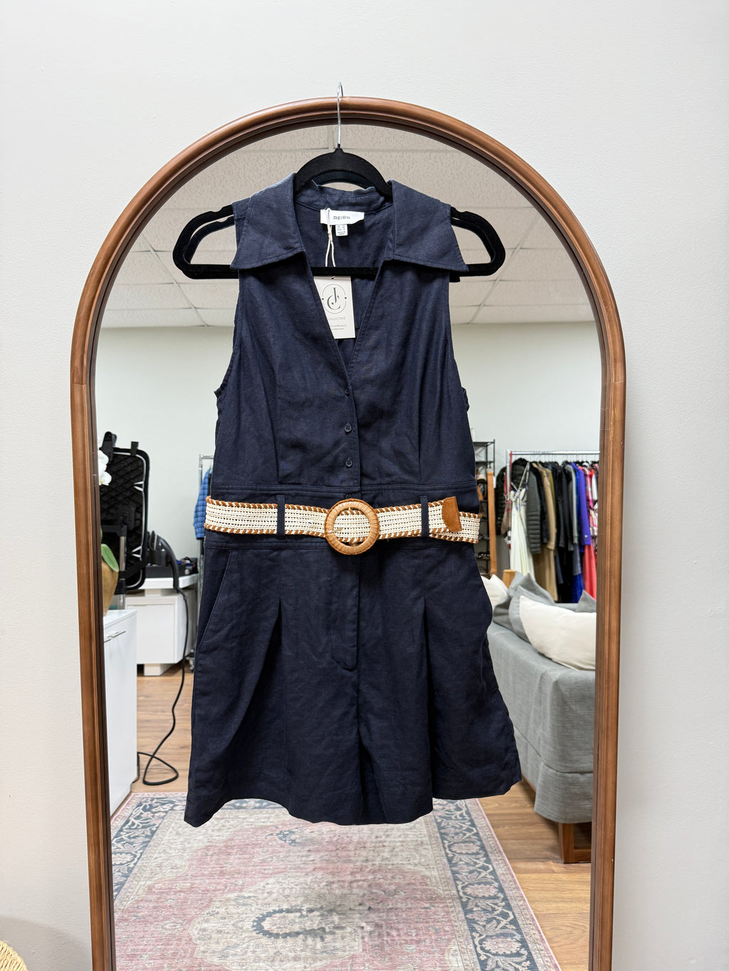 Reiss Navy Linen romper with crochet belt size M