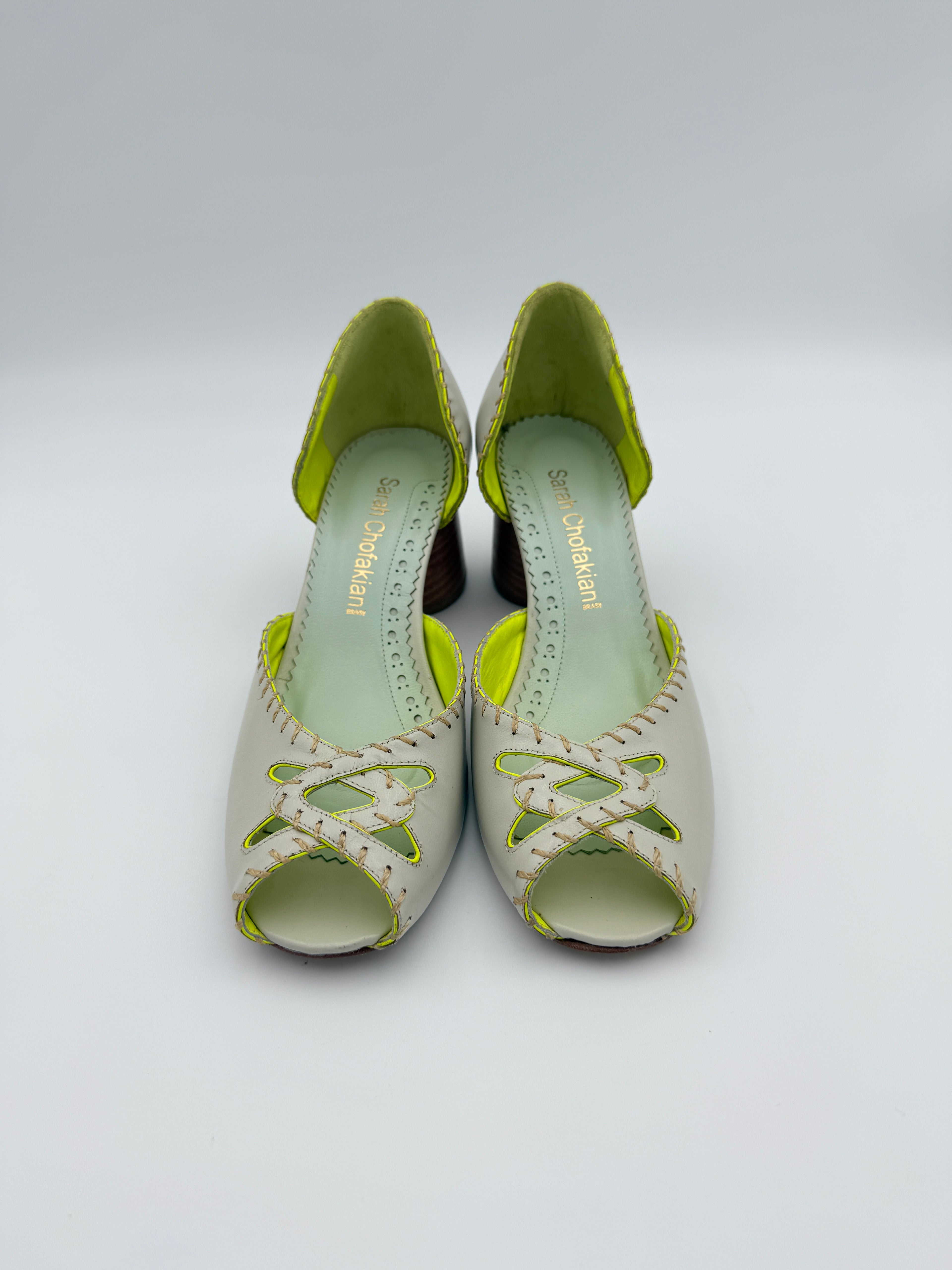 Sarah Chofakian Pearl Green Peep Toe Size 7 US