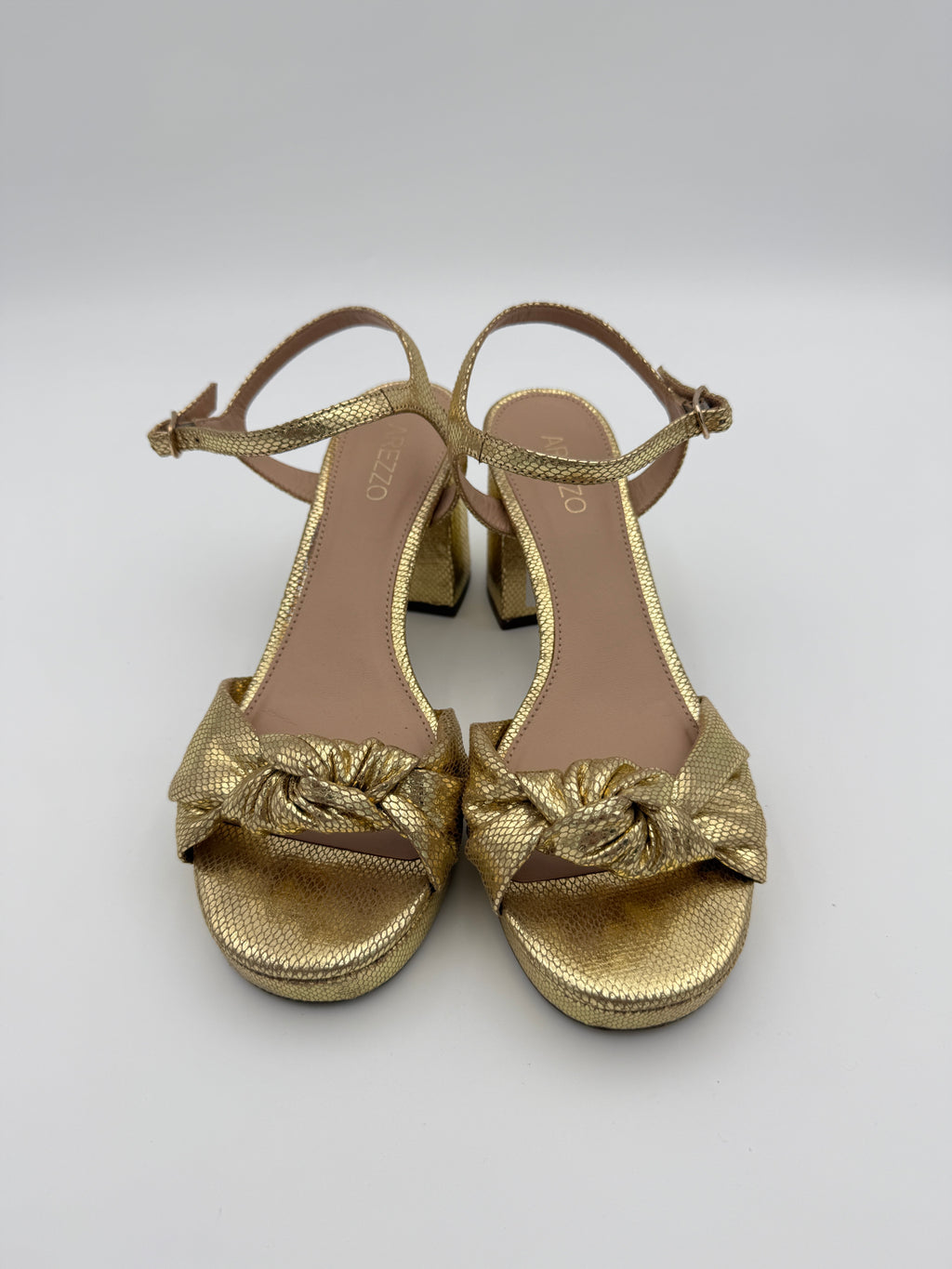 Arezzo Block Heel Gold Sandal Size 8