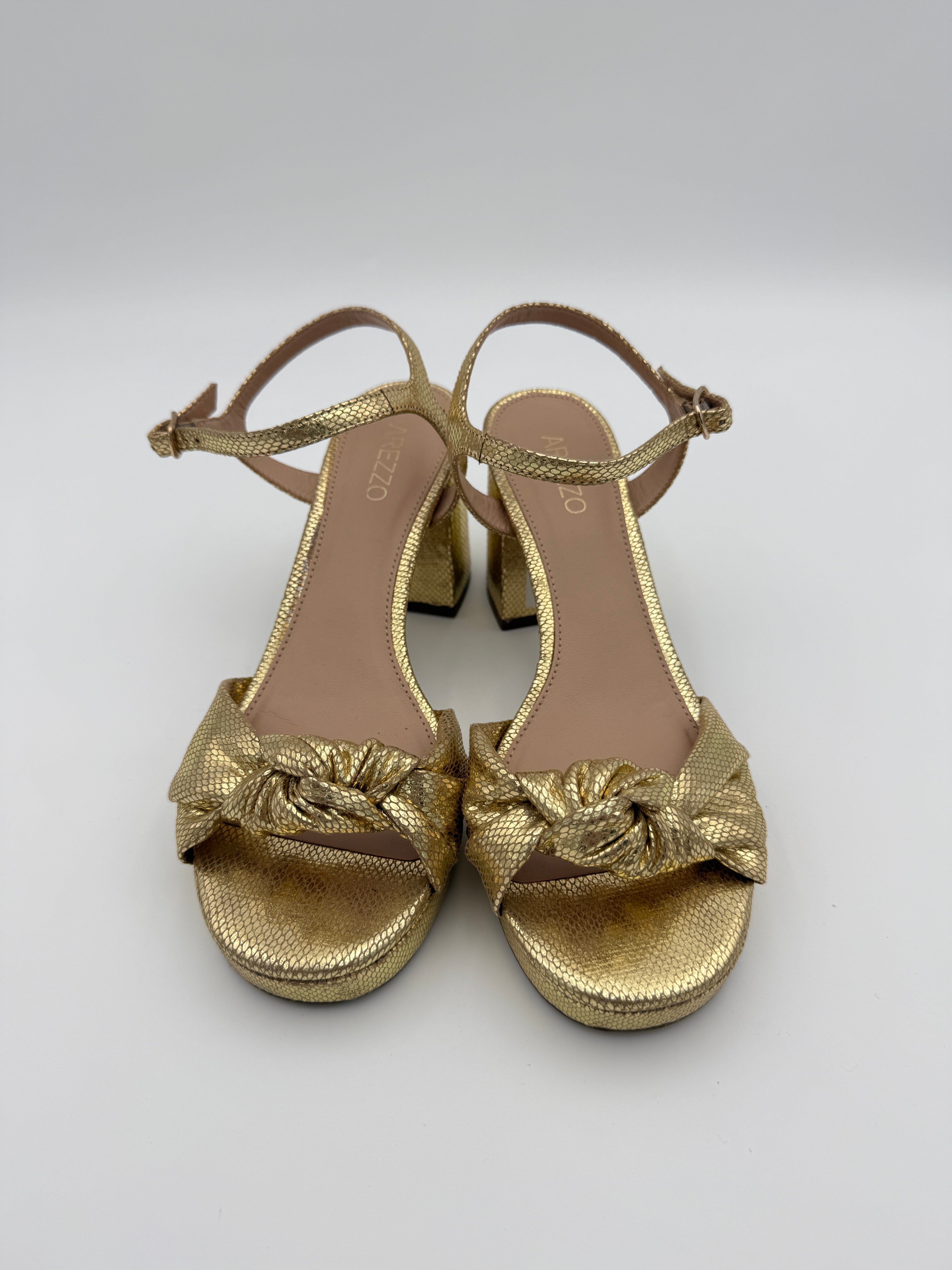 Arezzo Block Heel Gold Sandal Size 8