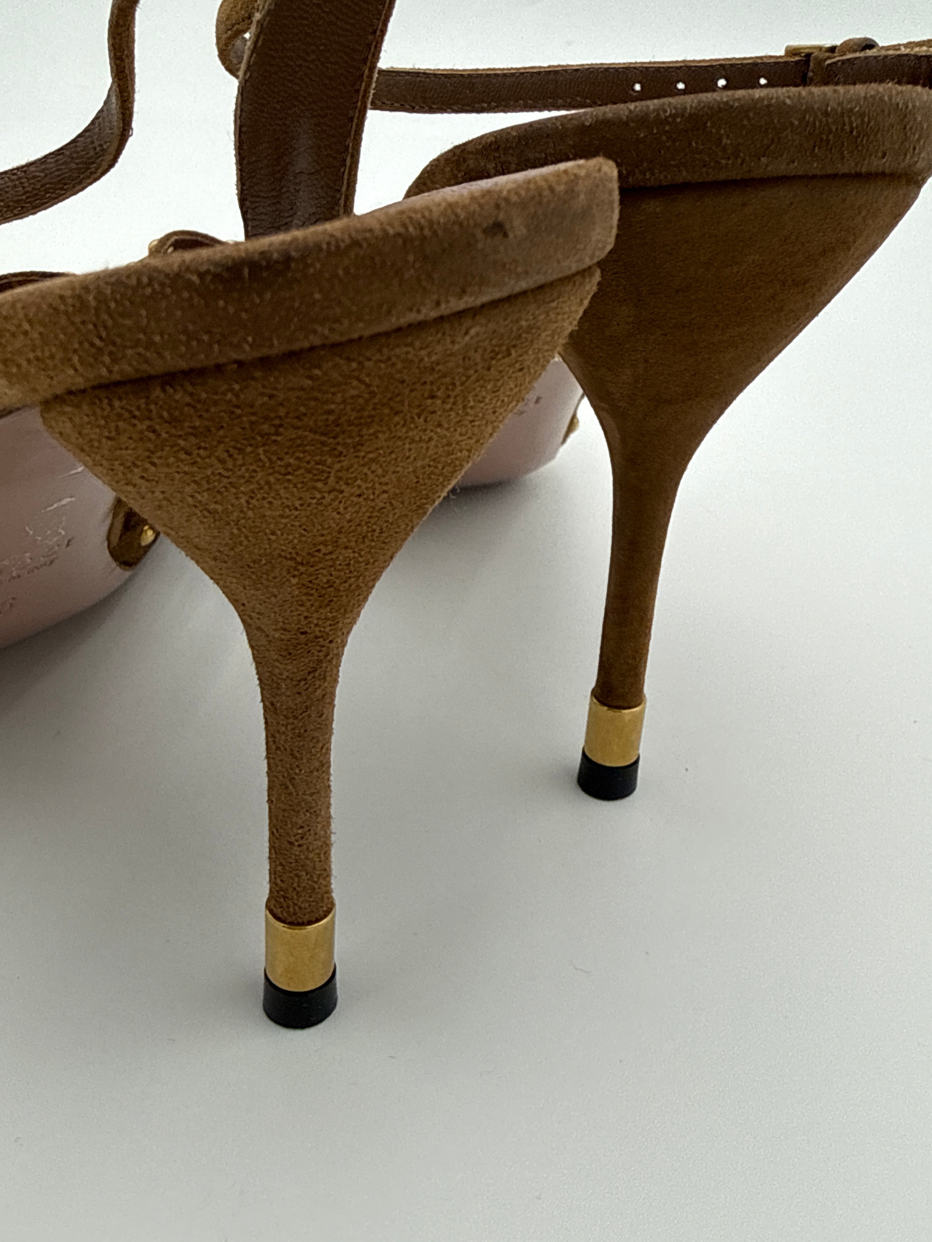Gucci Caged Peep Toe Brown Suede Heel size 36
