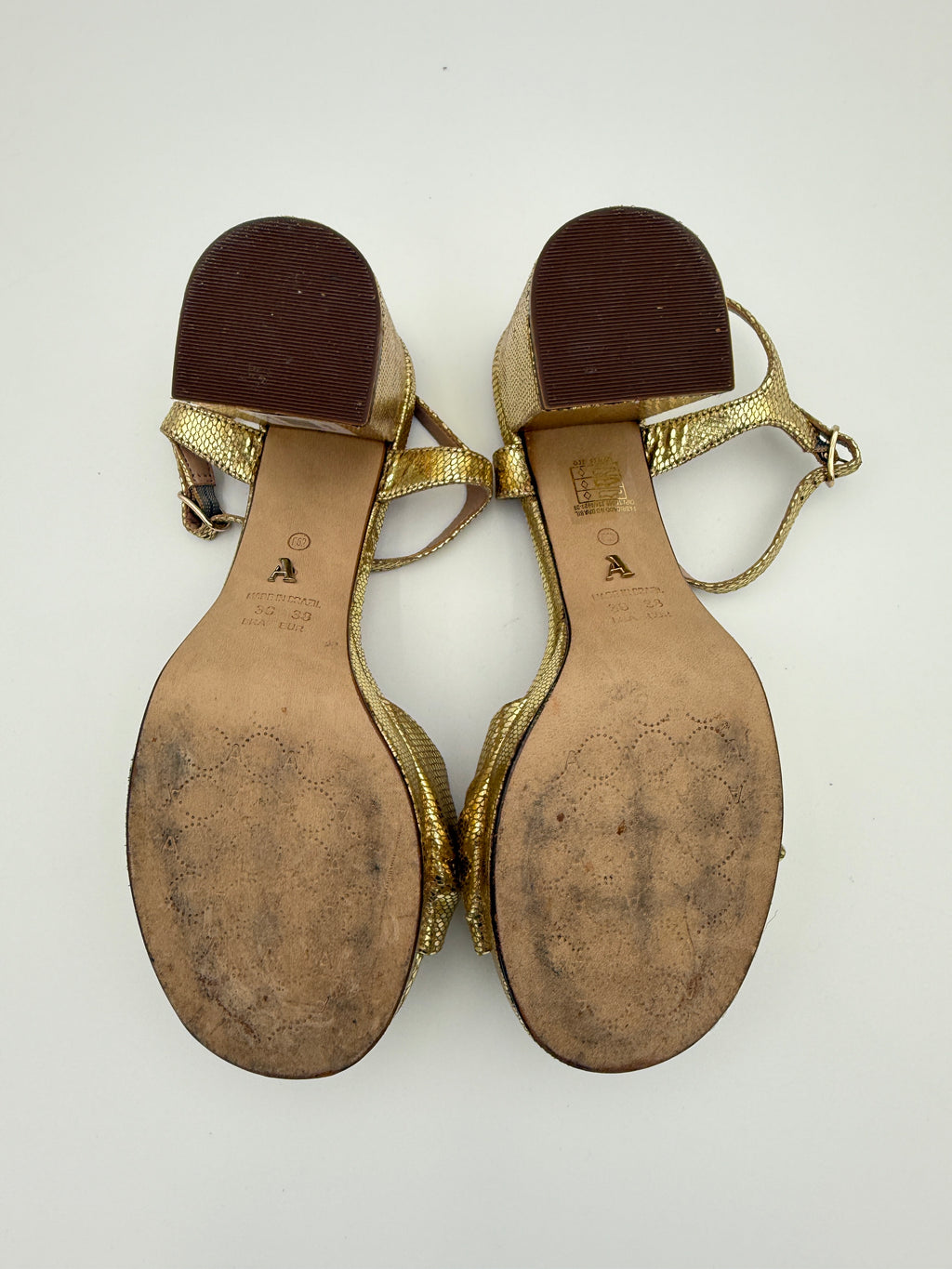 Arezzo Block Heel Gold Sandal Size 8