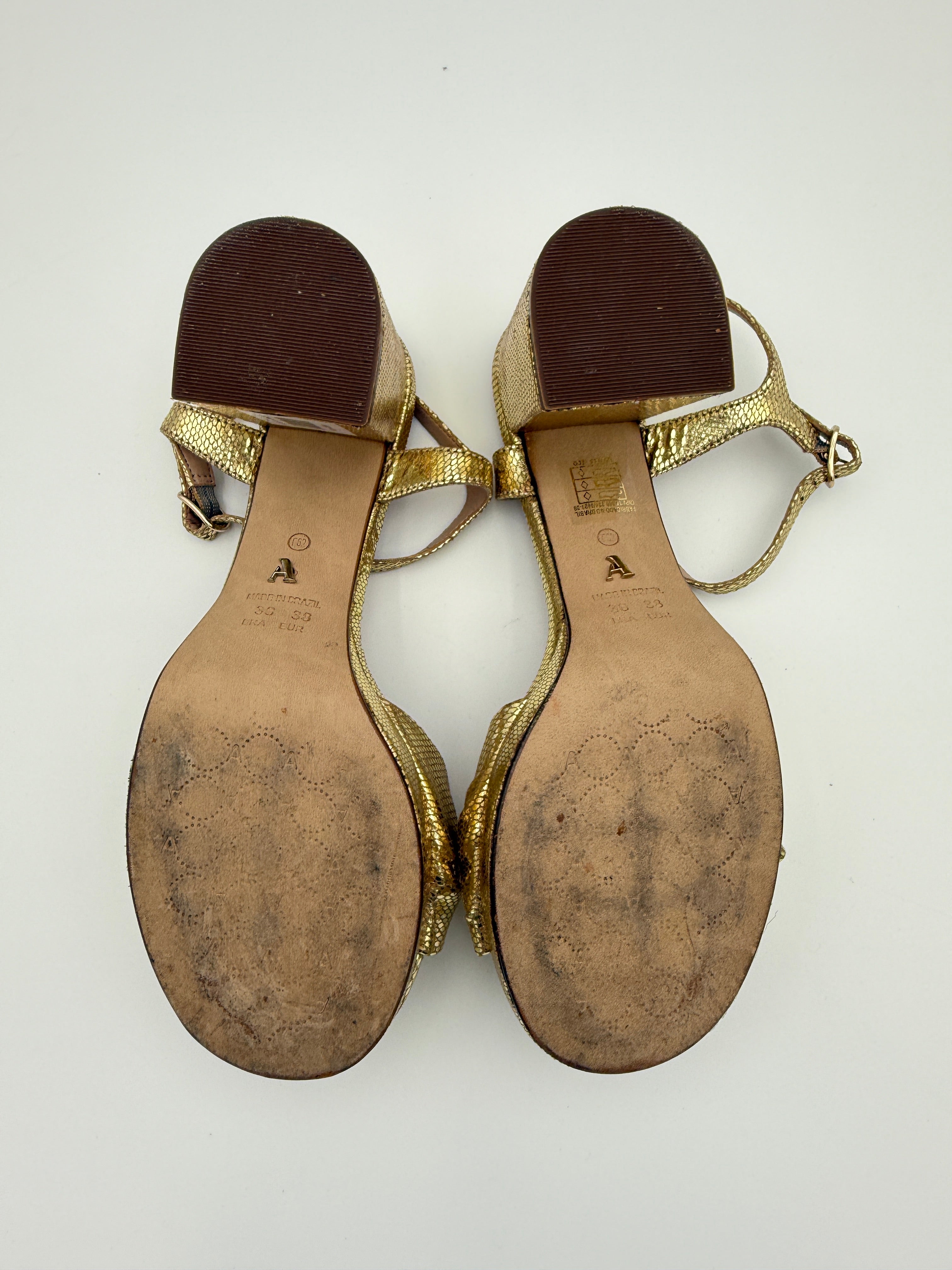 Arezzo Block Heel Gold Sandal Size 8