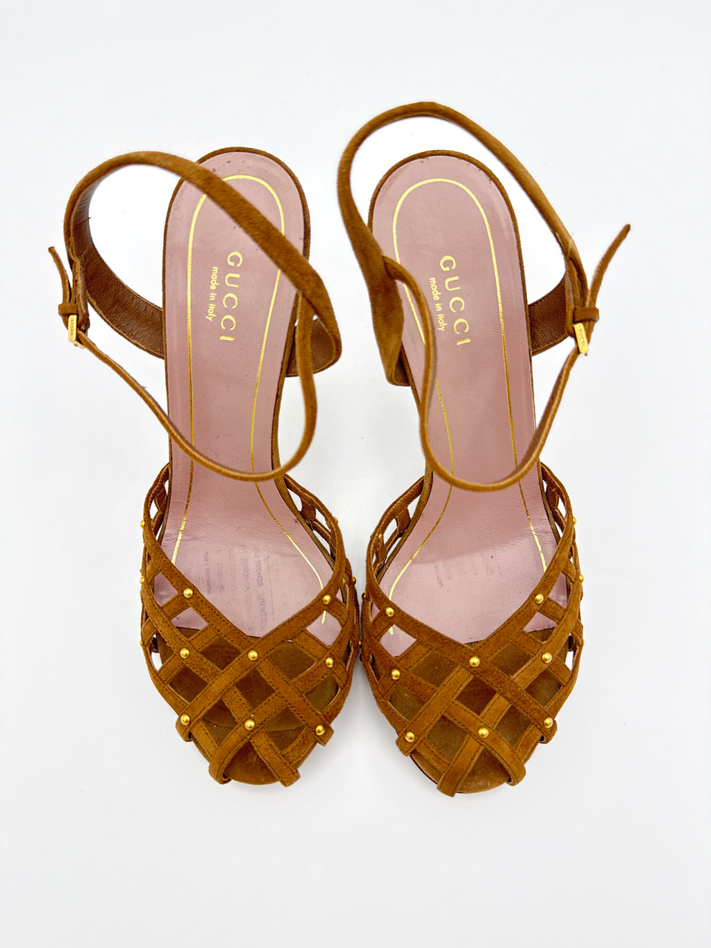 Gucci Caged Peep Toe Brown Suede Heel size 36