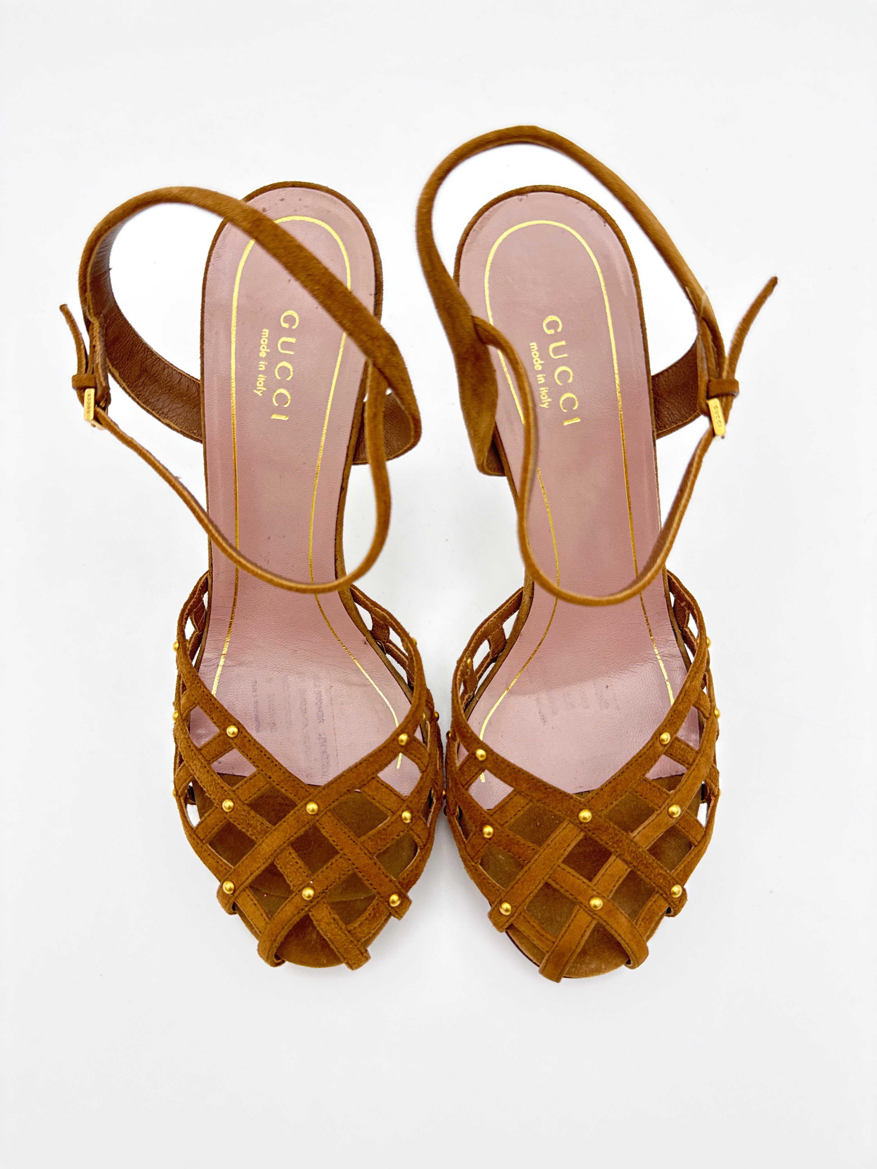 Gucci Caged Peep Toe Brown Suede Heel size 36