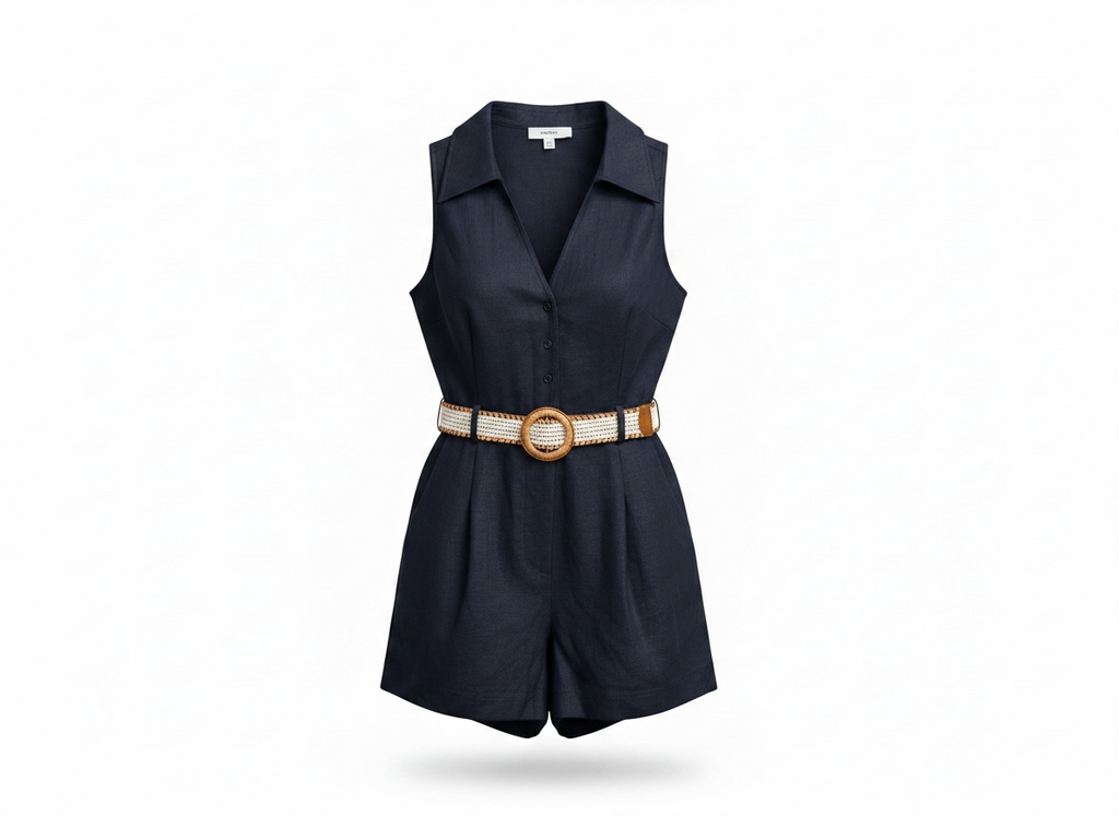 Reiss Navy Linen romper with crochet belt size M