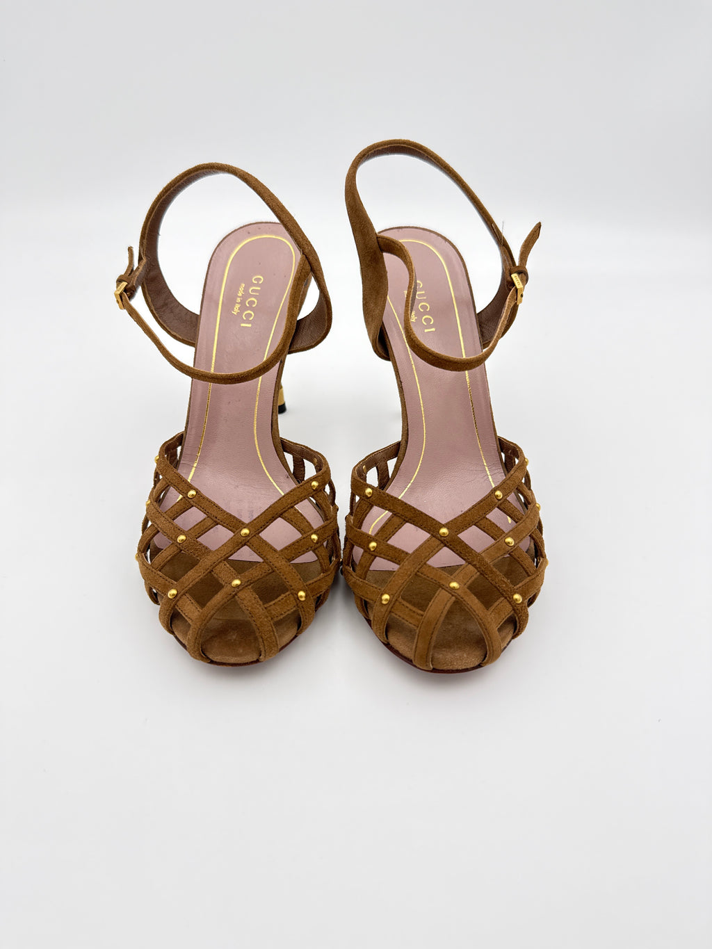 Gucci Caged Peep Toe Brown Suede Heel size 36