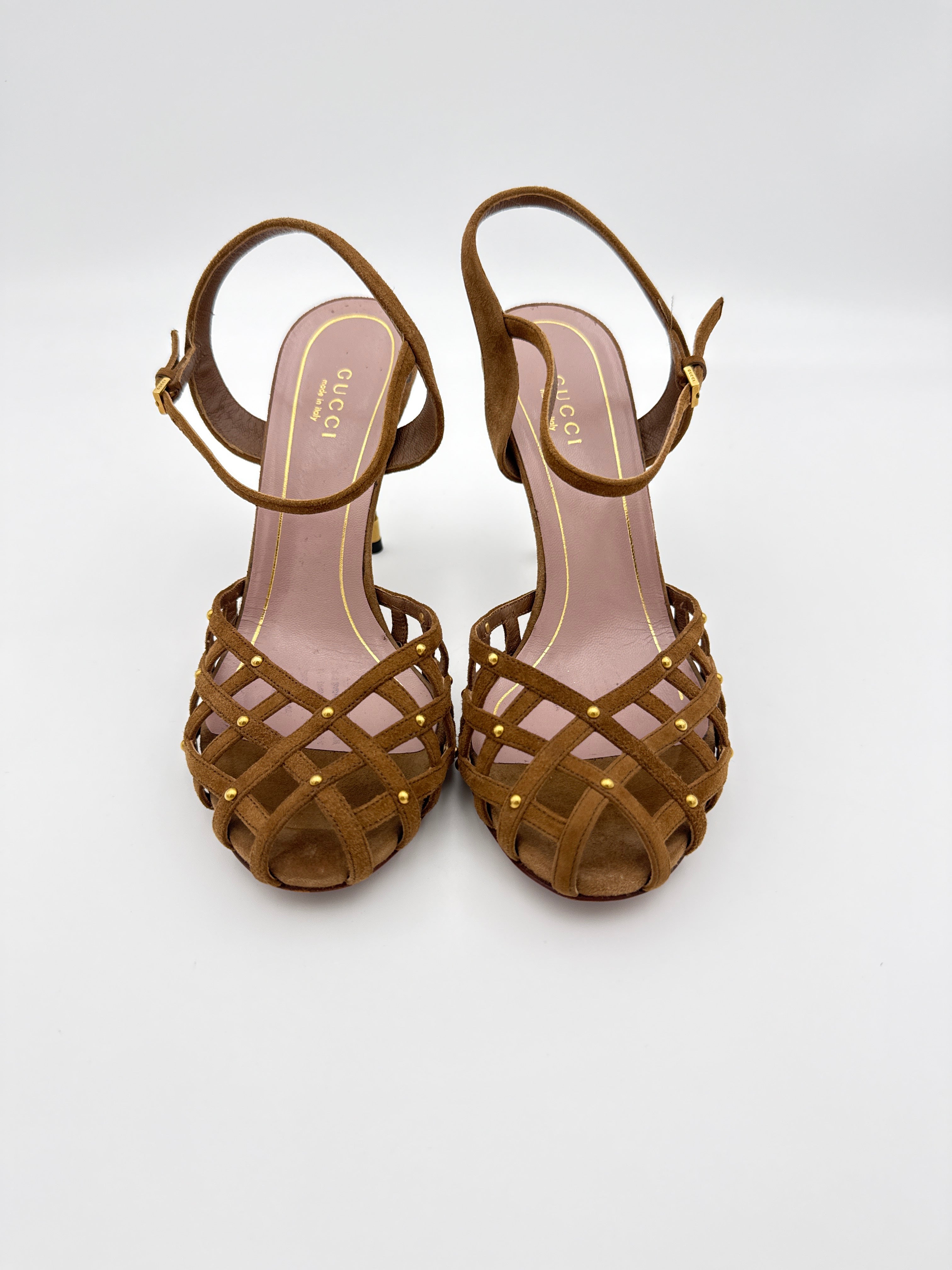 Gucci Caged Peep Toe Brown Suede Heel size 36
