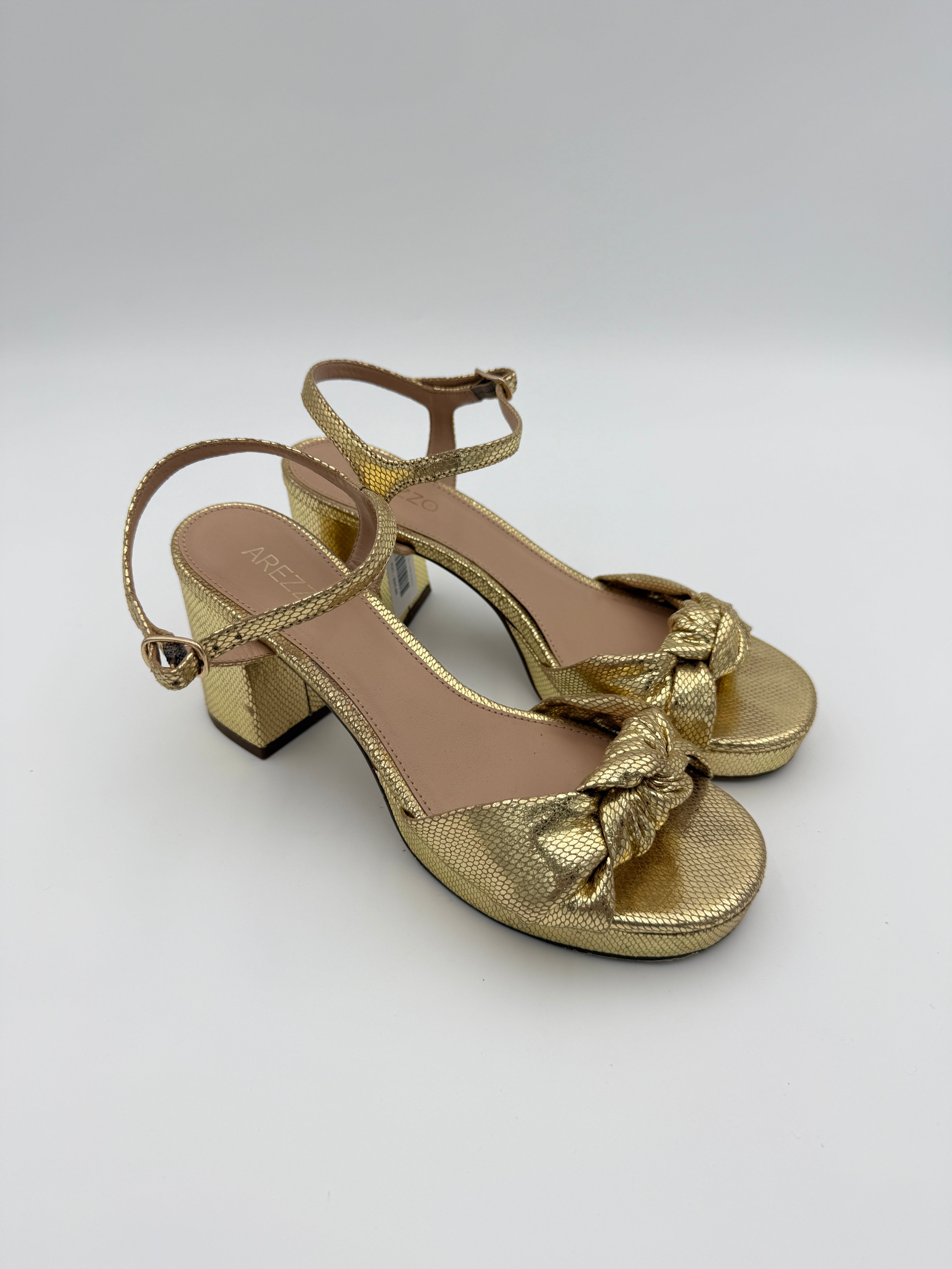Arezzo Block Heel Gold Sandal Size 8