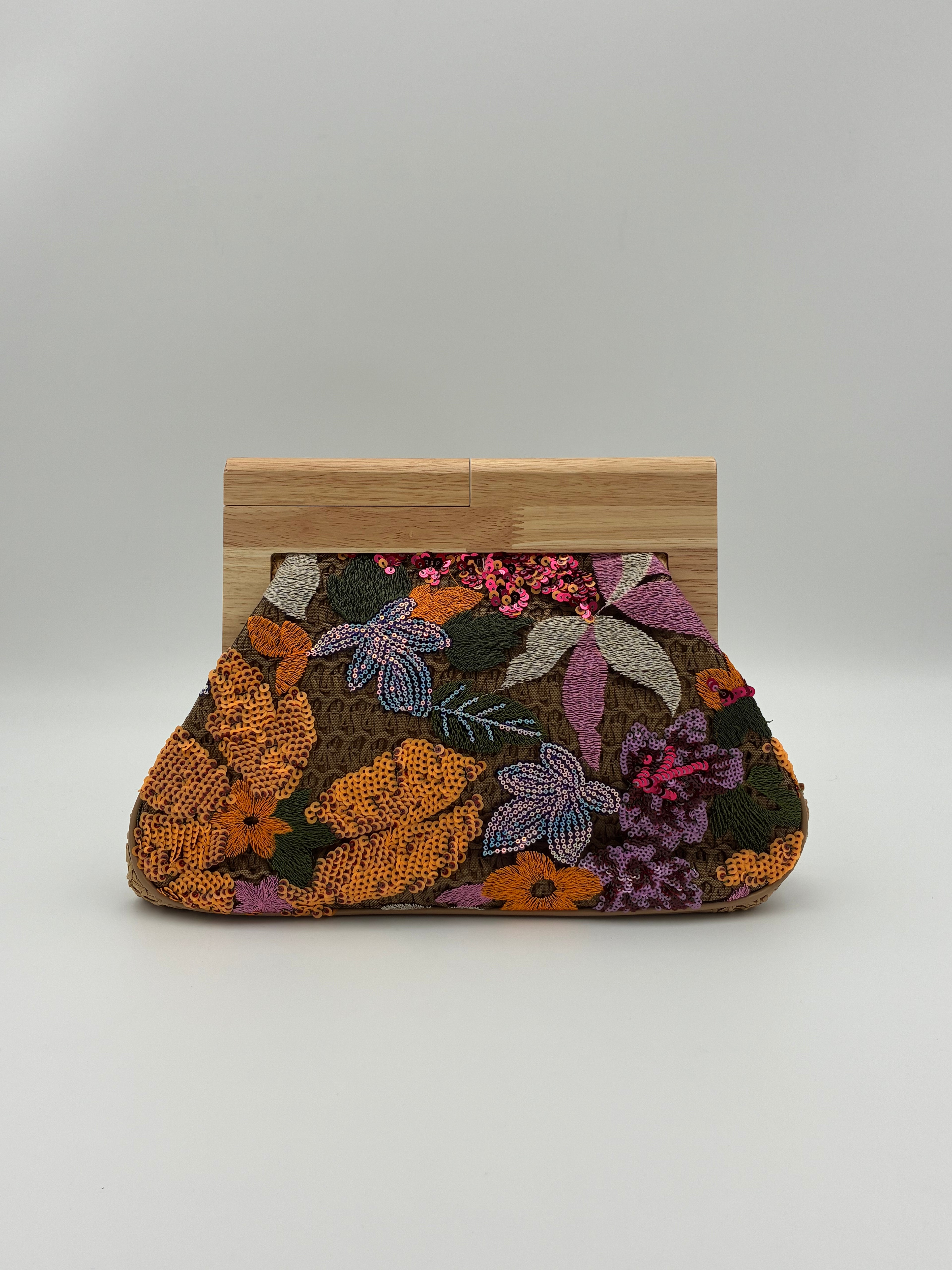 Raffia Embroidered with Wood Clasp Clutch