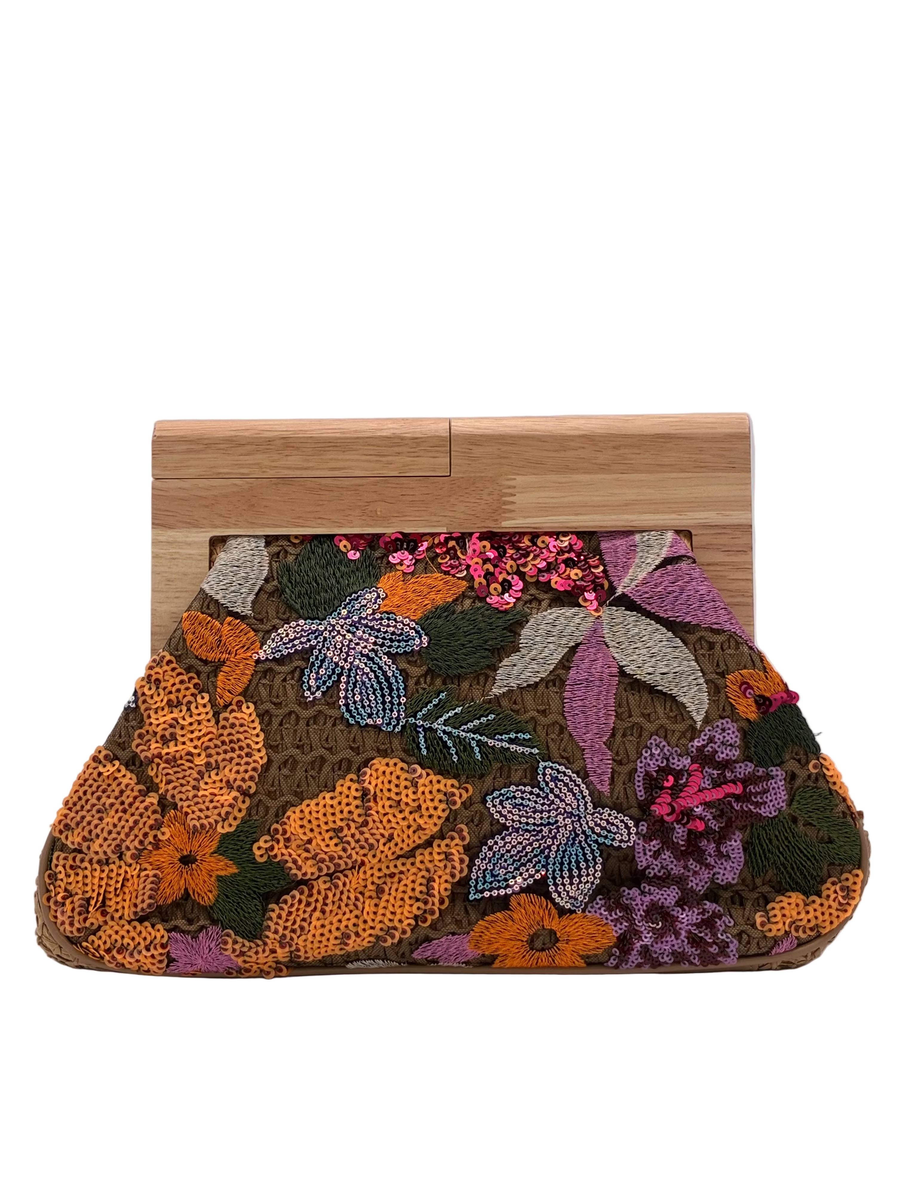 Raffia Embroidered with Wood Clasp Clutch
