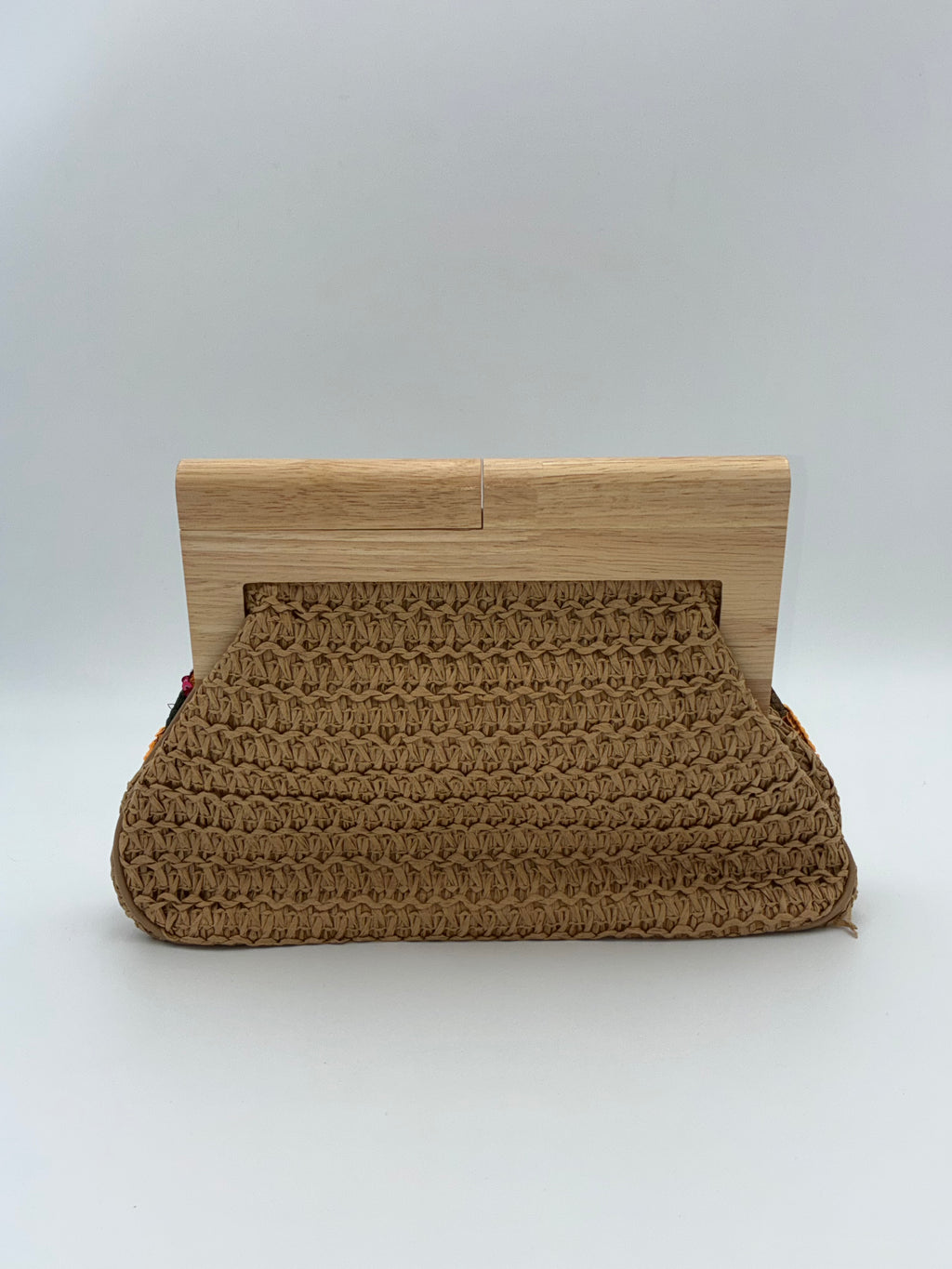 Raffia Embroidered with Wood Clasp Clutch