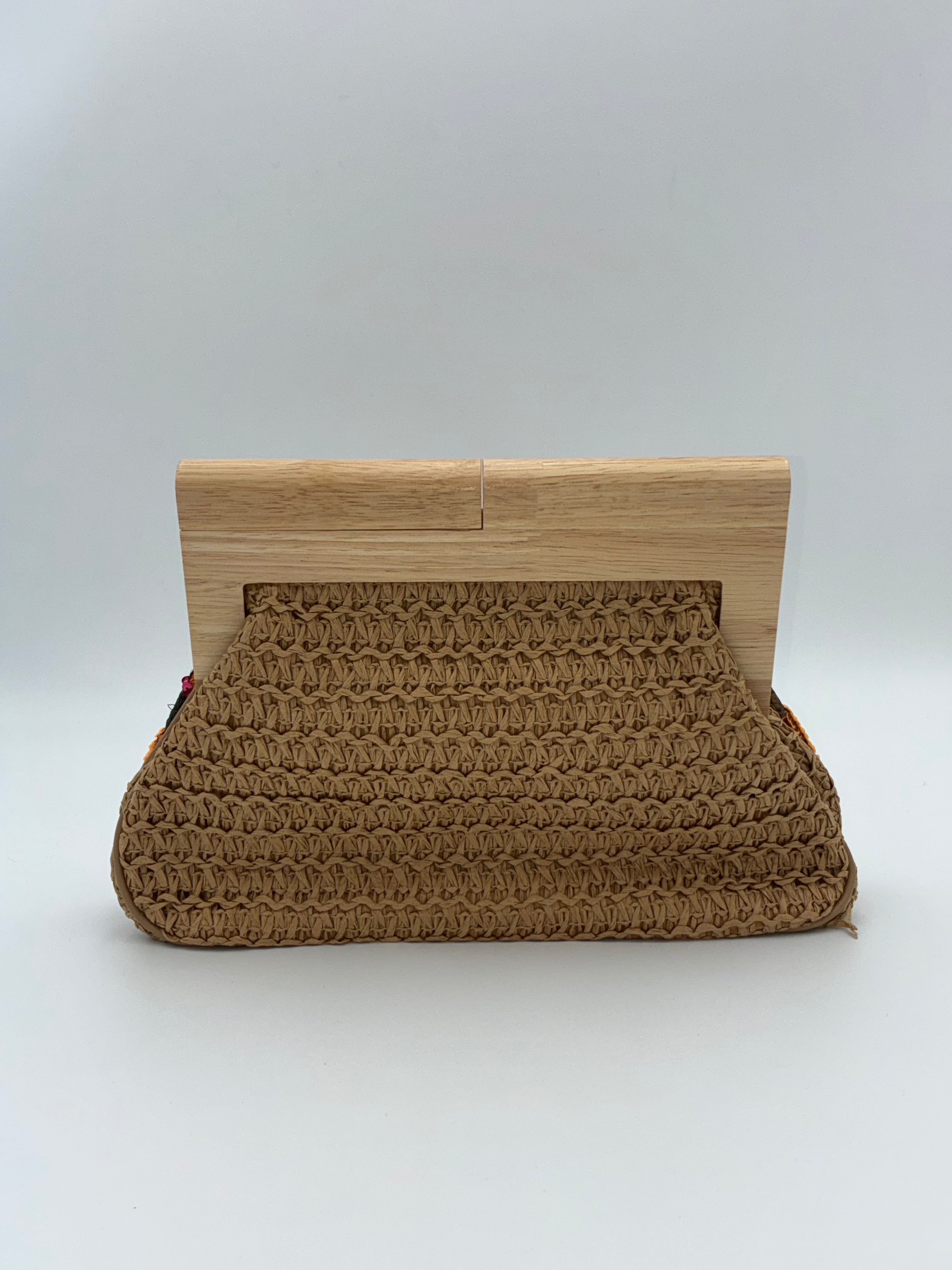 Raffia Embroidered with Wood Clasp Clutch