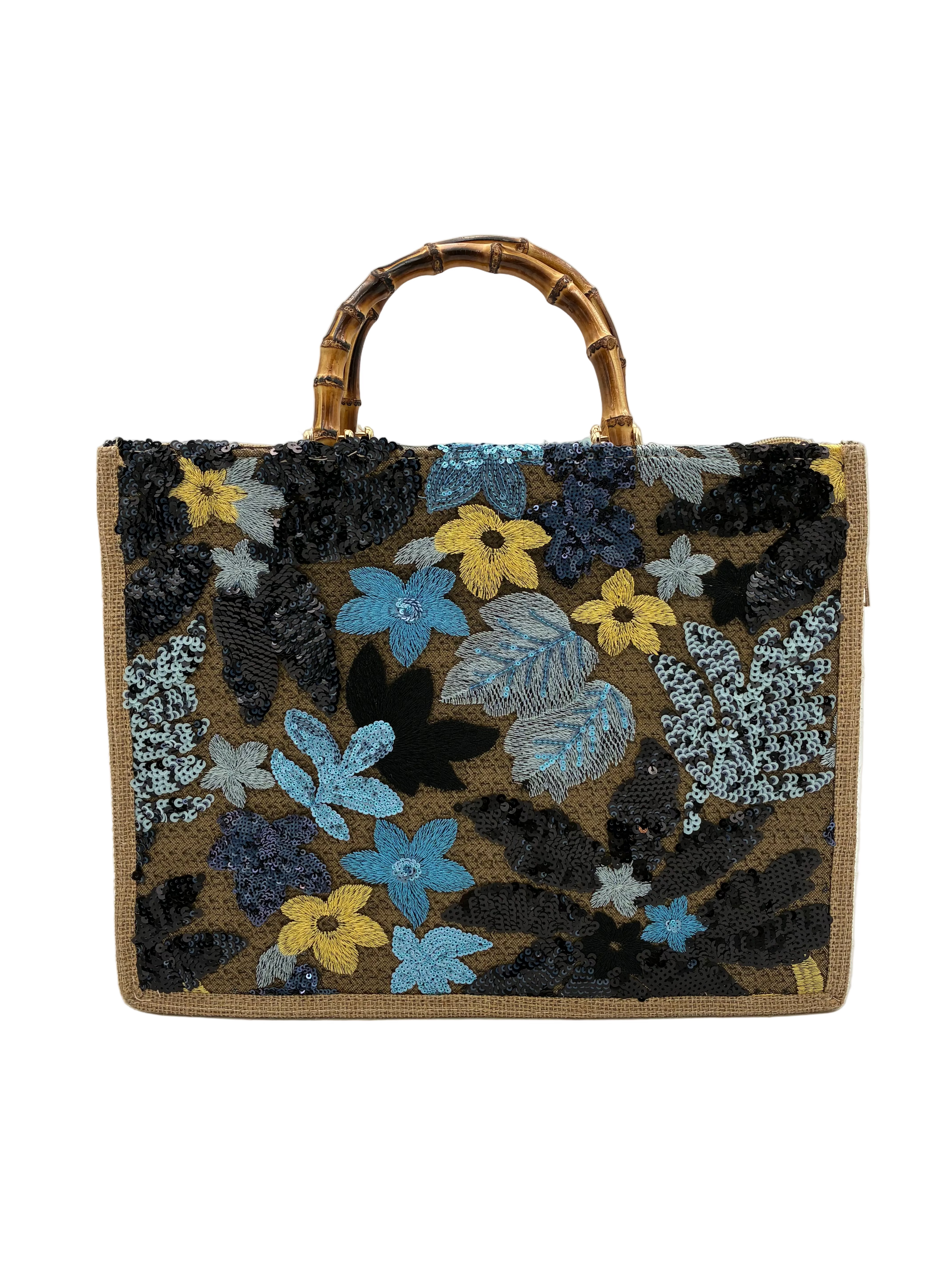 Embroidered Raffia Tote with Bamboo Handle