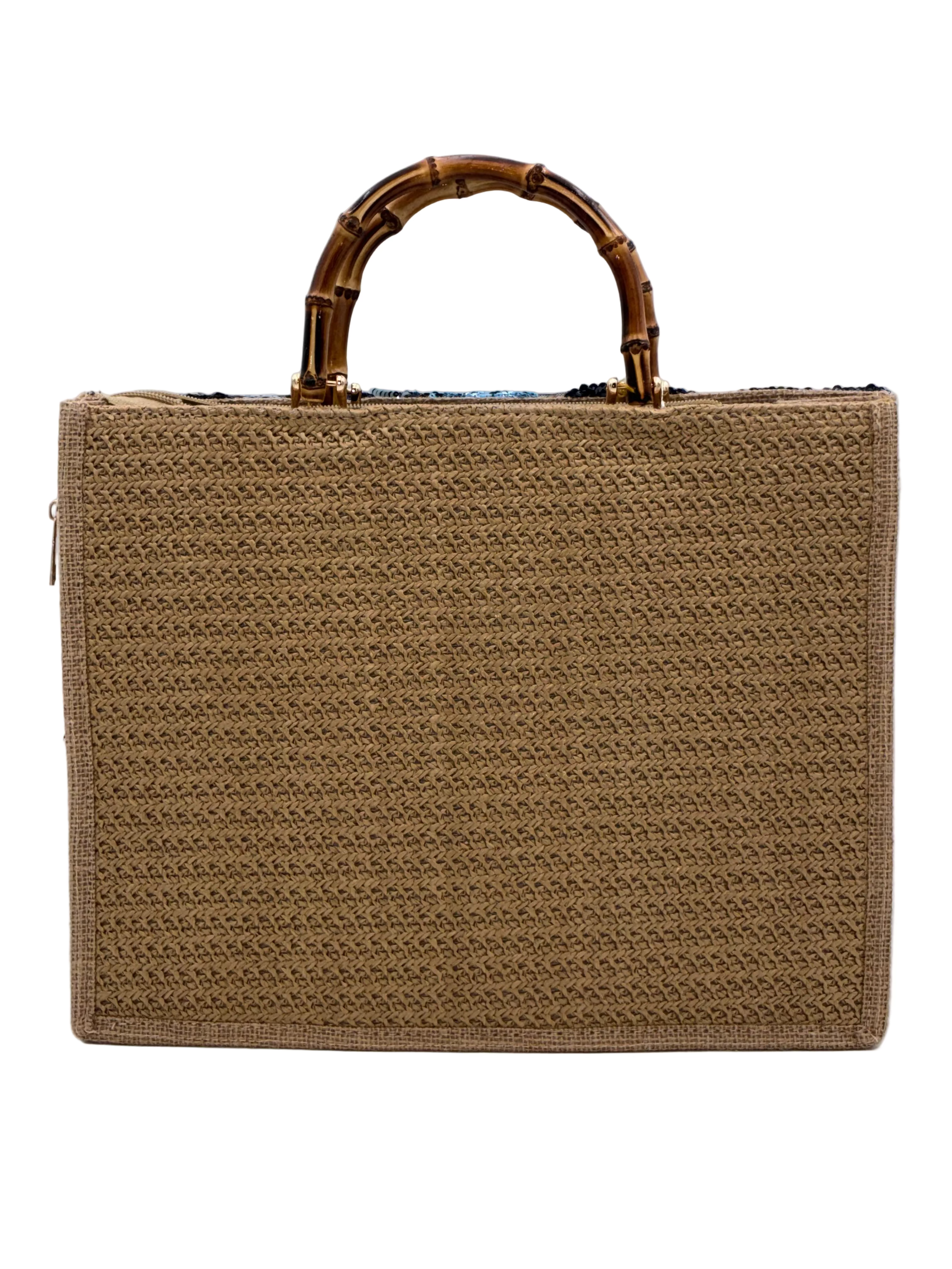 Embroidered Raffia Tote with Bamboo Handle