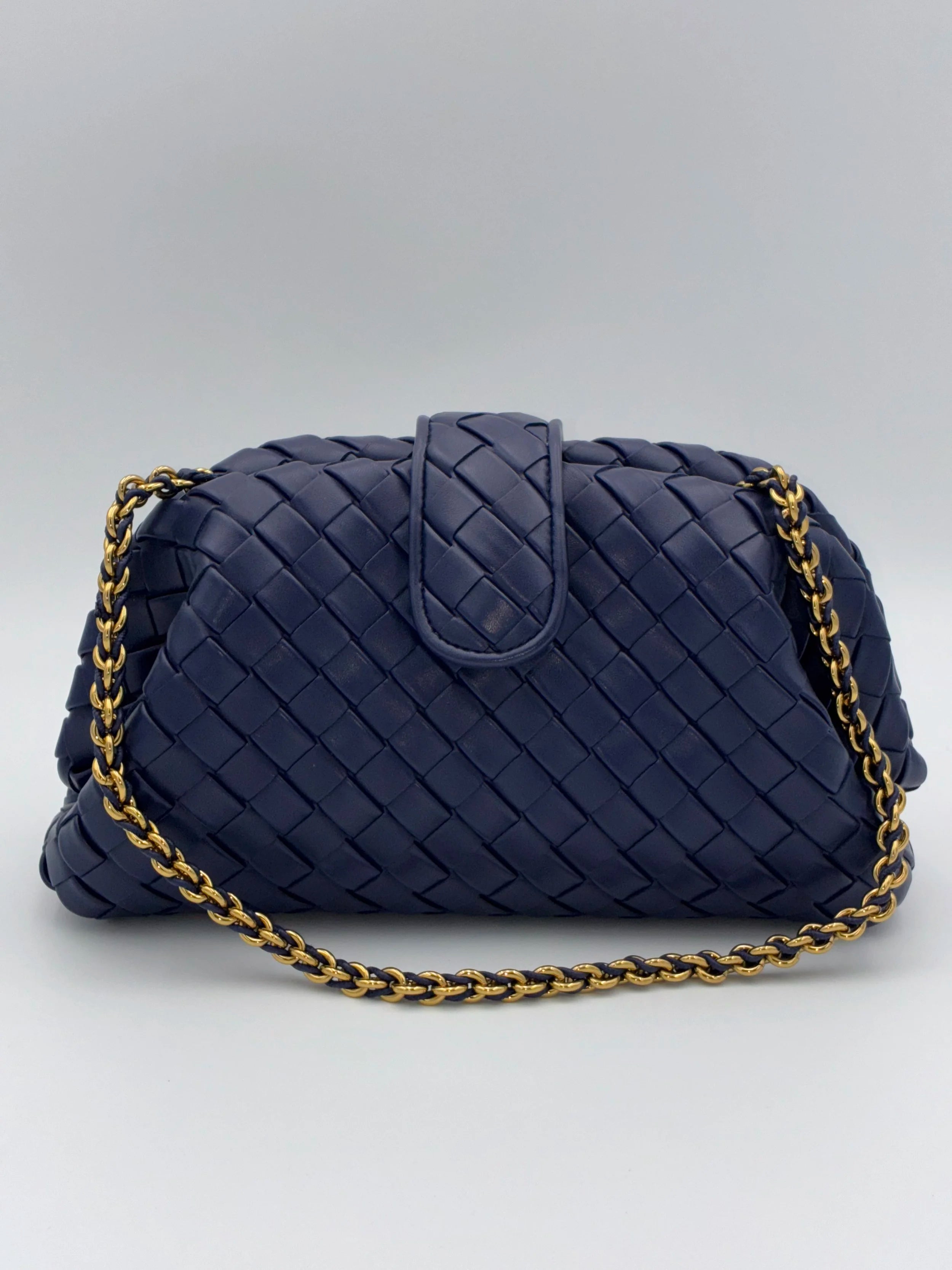 Bottega Veneta Chain Leather Shoulder Bag Blue