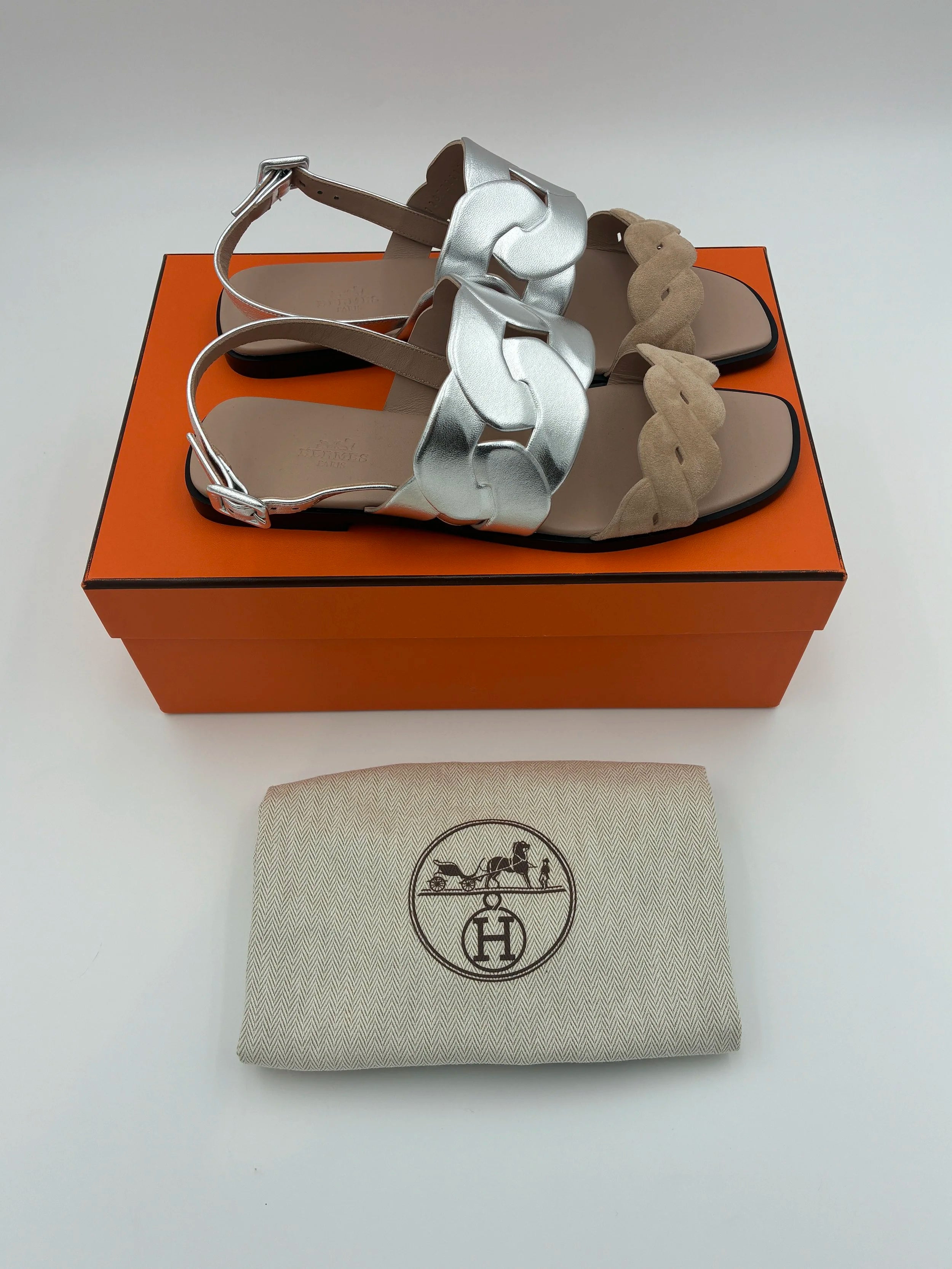 Hermes Grace Rose and Silver Flat Sandal - NEW IN BOX - Size US9