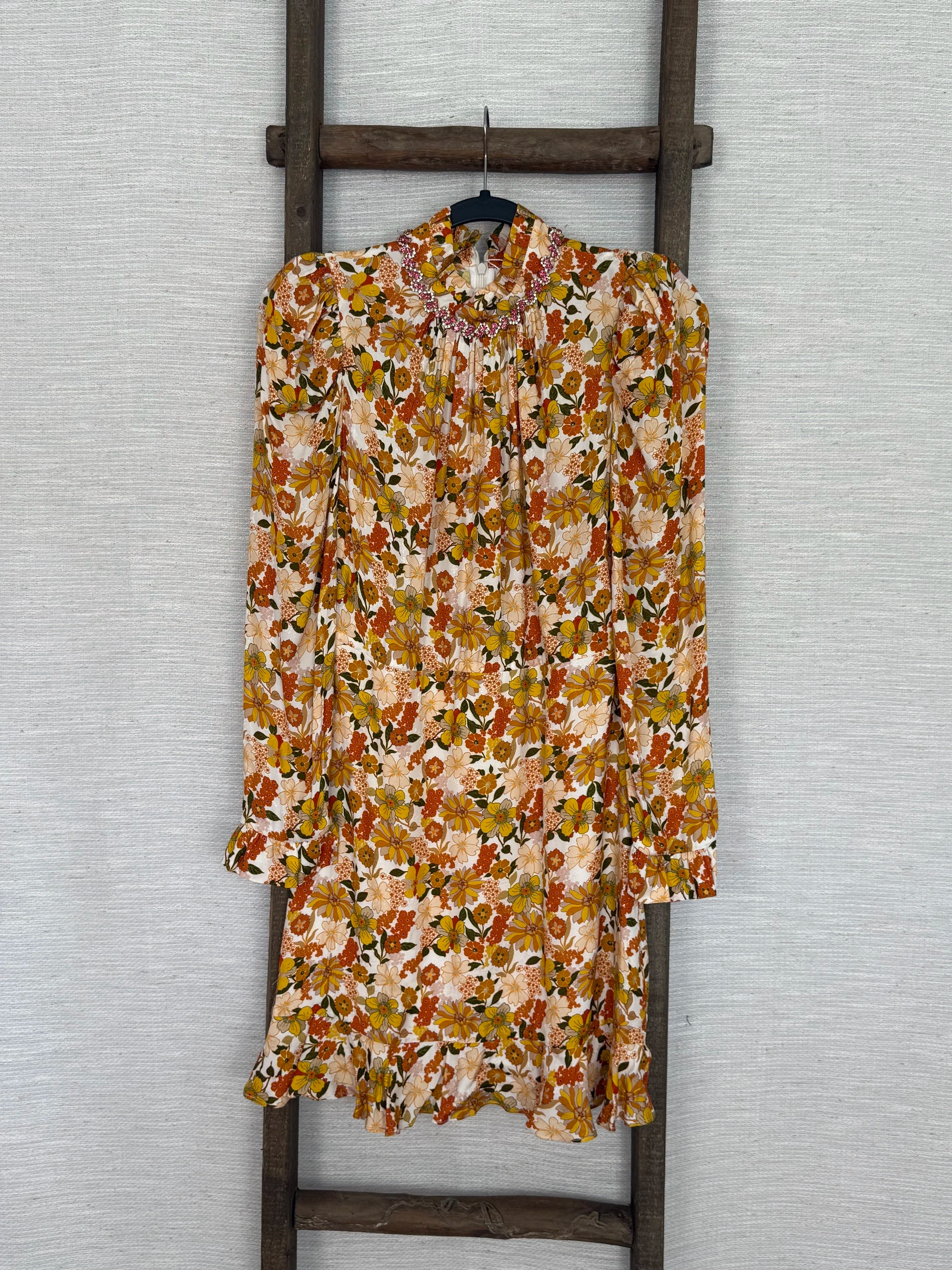 Sandro Floral Mini Dress with Embellished Colar - Size XS