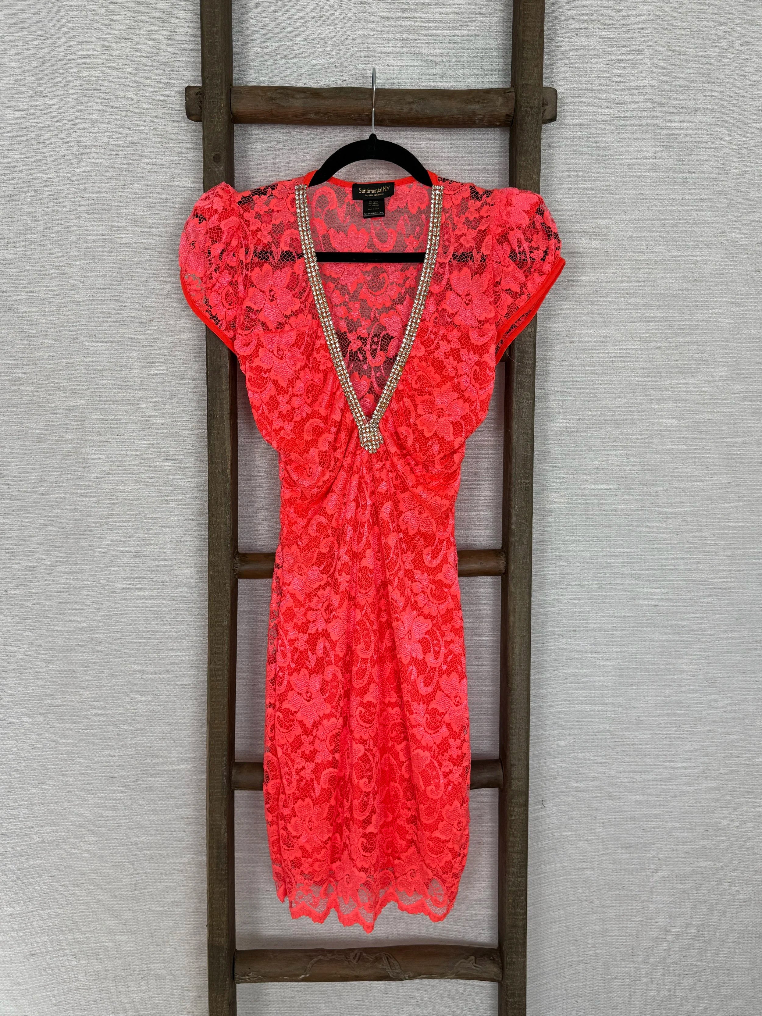 Coral Laced Mini Dress - Size S