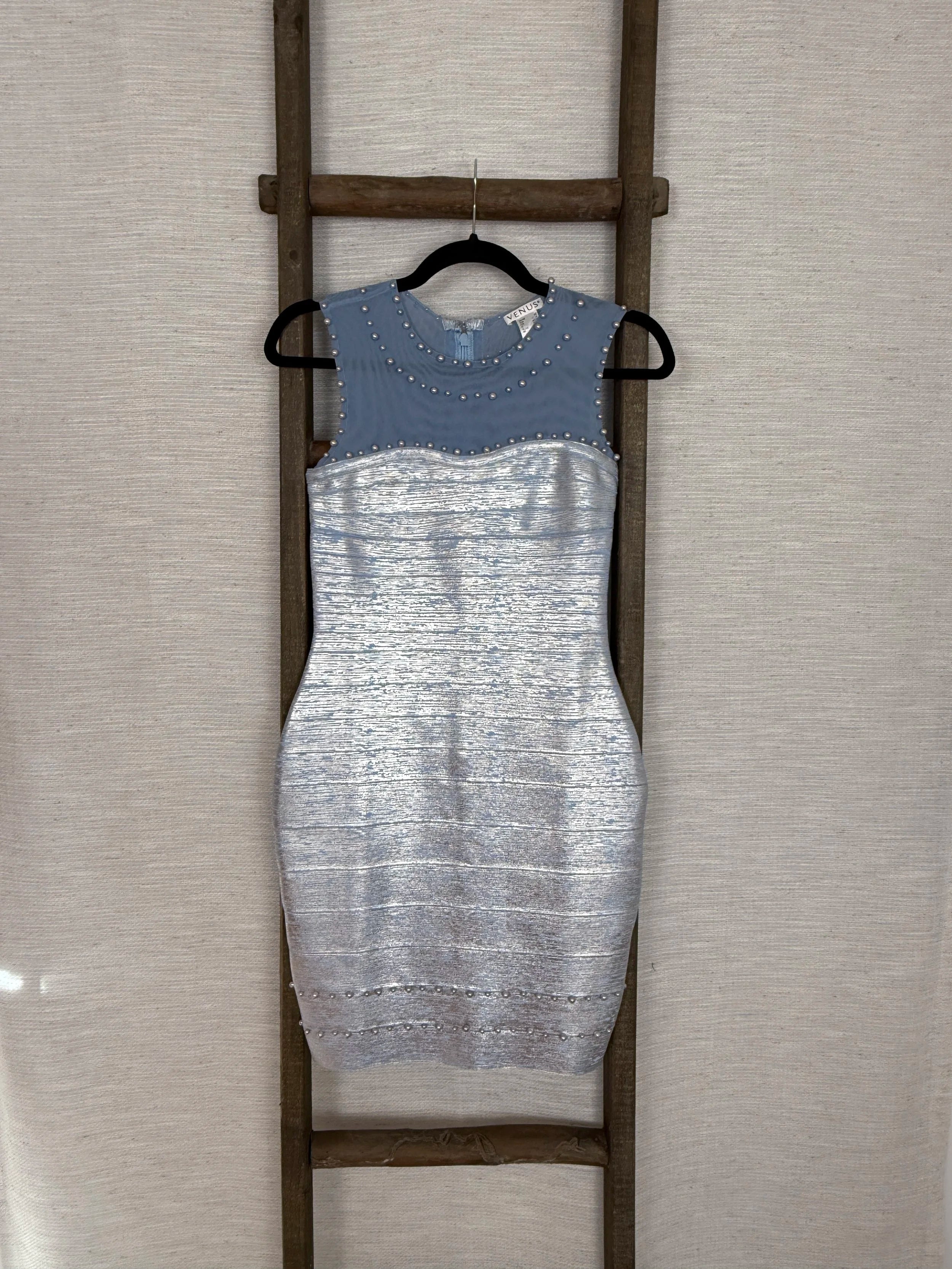 Venus Bandage and Mesh  Silver Blue Short Dress  - Size S