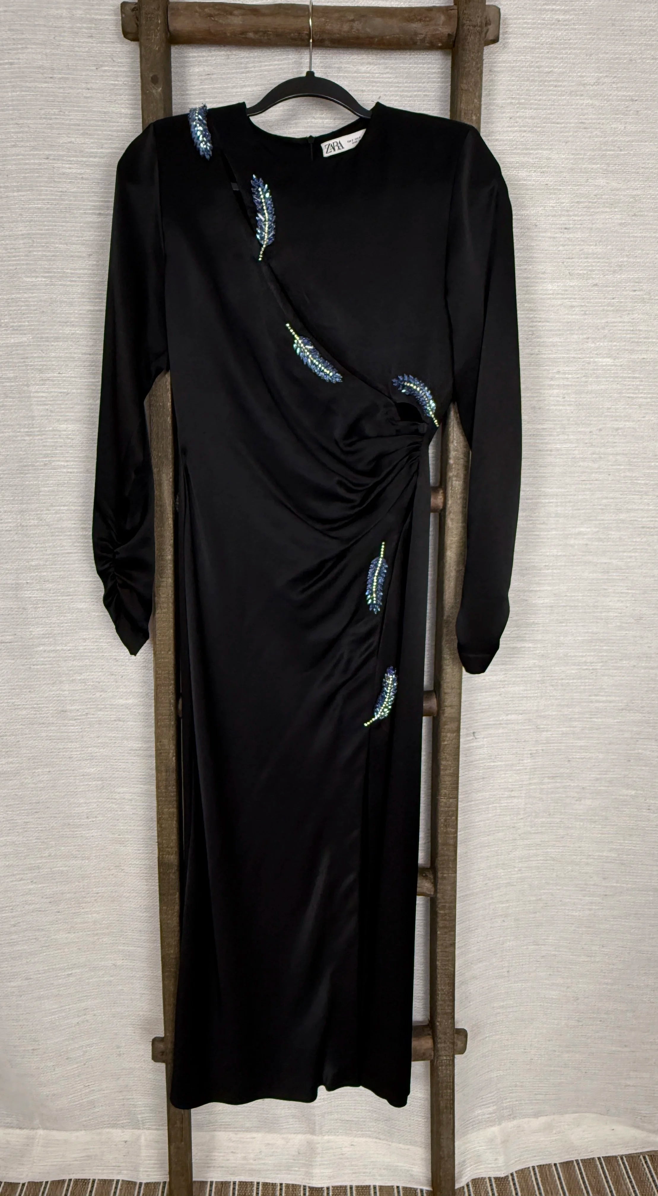 Zara Black Satin Dress with Rhinestone Feathers - Size XS