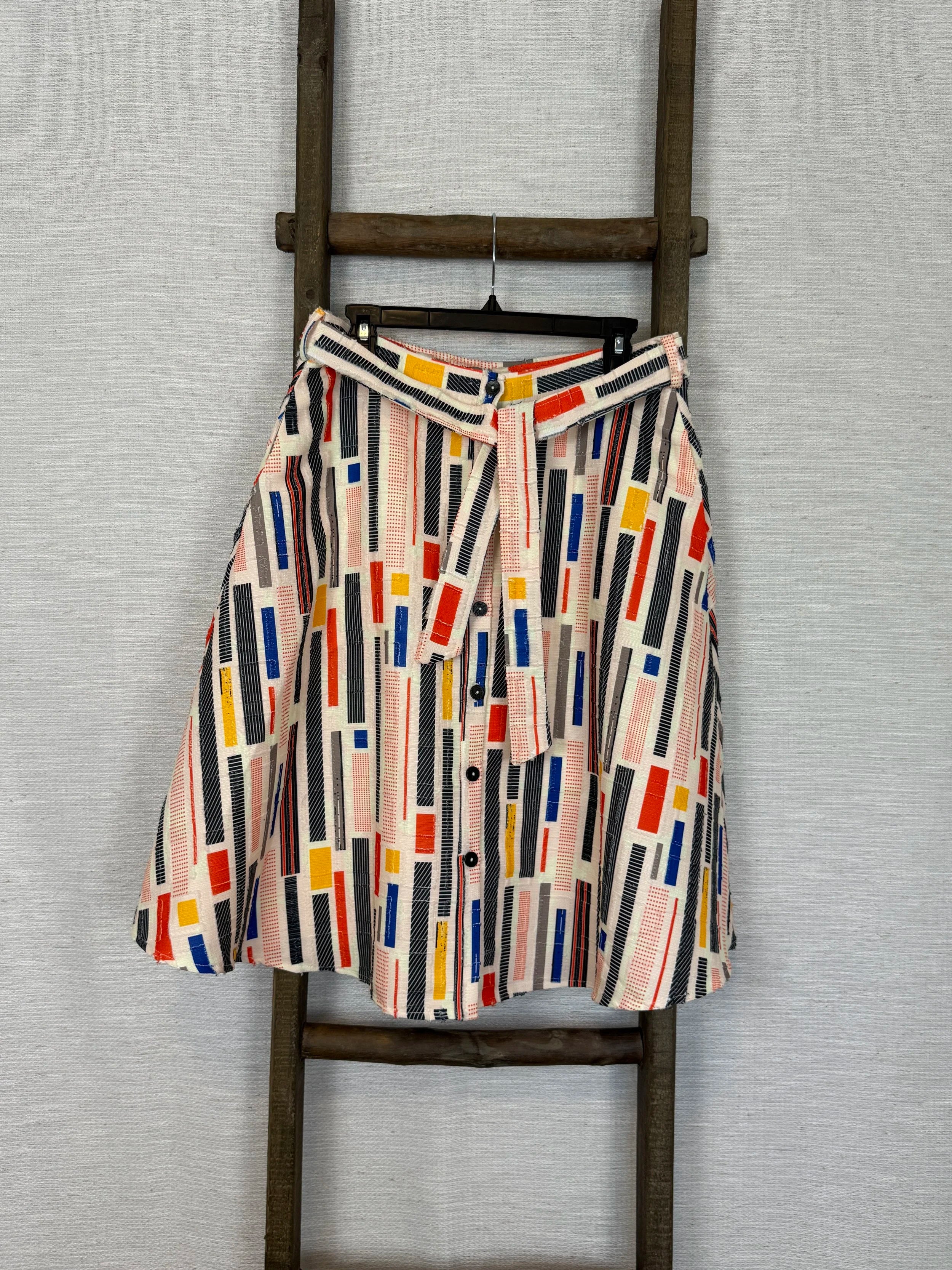 Color Printed Cotton Skirt  with Belt - Size L