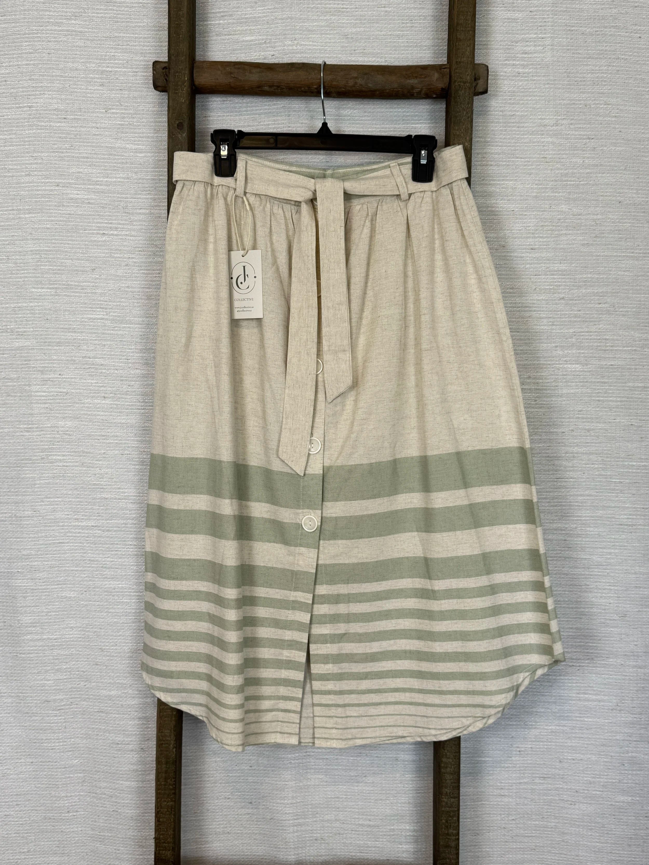 Linen Beige with Green stripes skirt - Size L