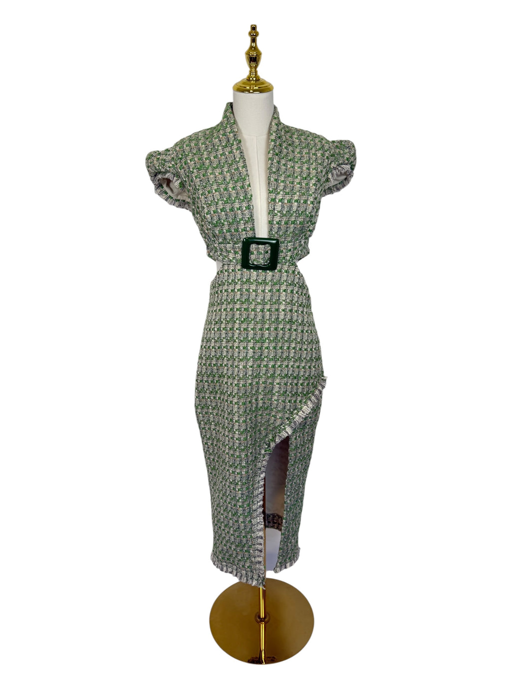Anne Fernandes Green Tweed Cut Out Dress - Size M