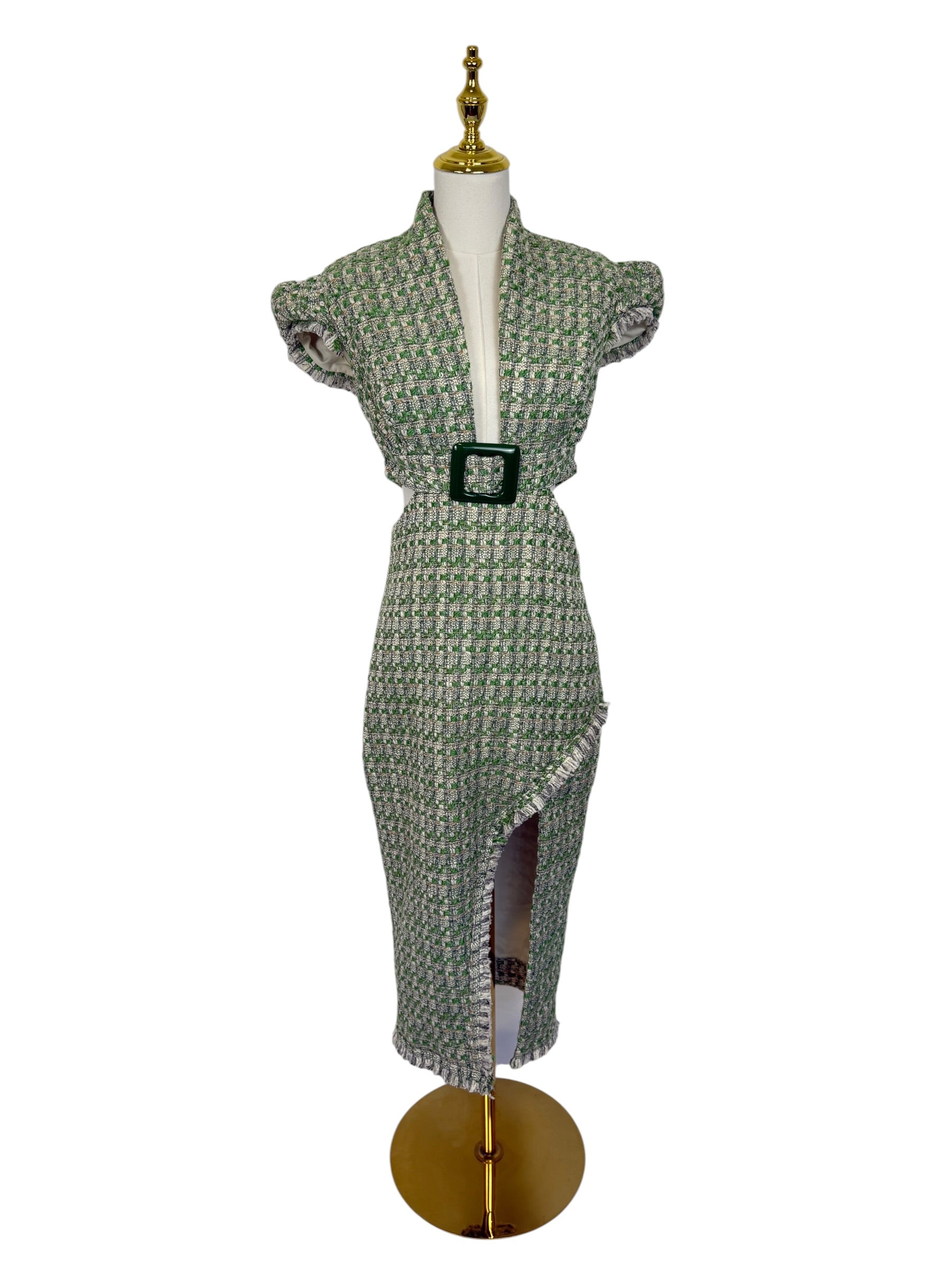 Anne Fernandes Green Tweed Cut Out Dress - Size M