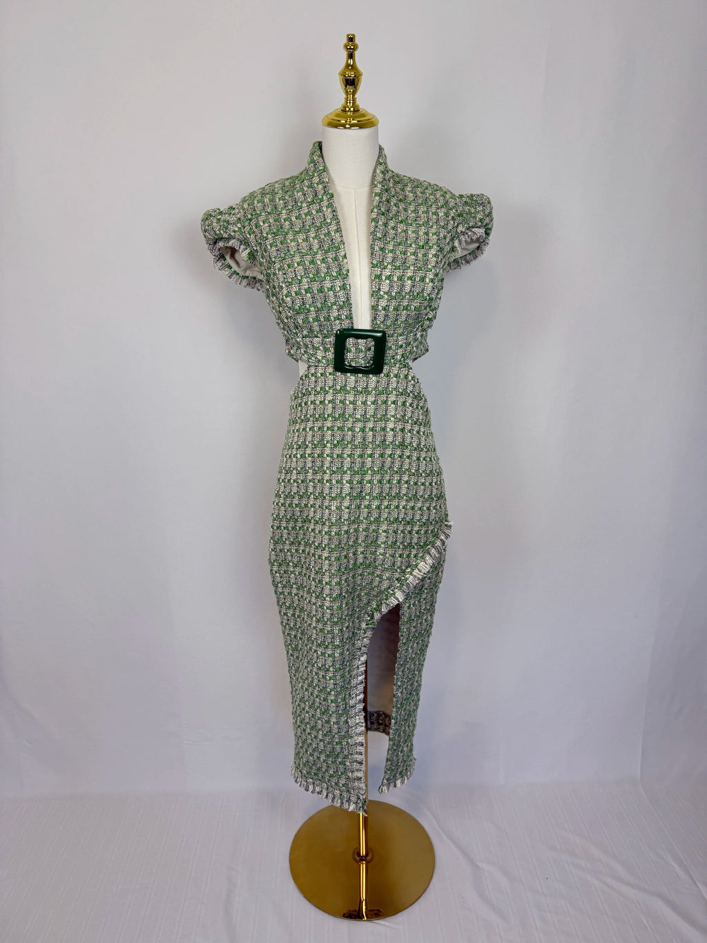 Anne Fernandes Green Tweed Cut Out Dress - Size M