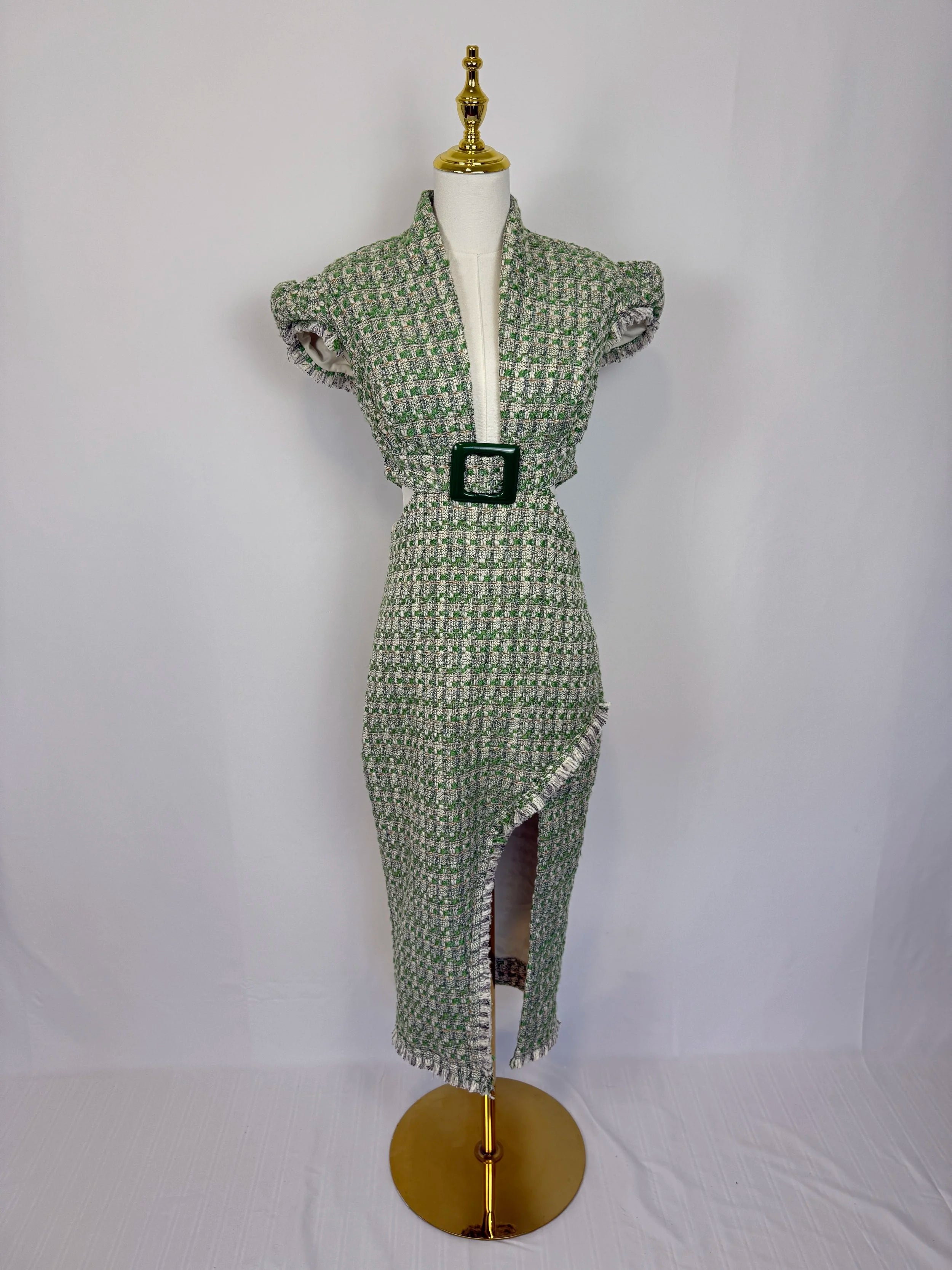 Anne Fernandes Green Tweed Cut Out Dress - Size M
