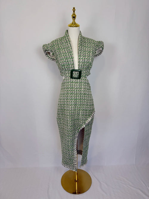 Anne Fernandes Green Tweed Cut Out Dress - Size M