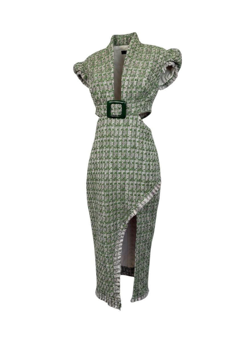 Anne Fernandes Green Tweed Cut Out Dress - Size M