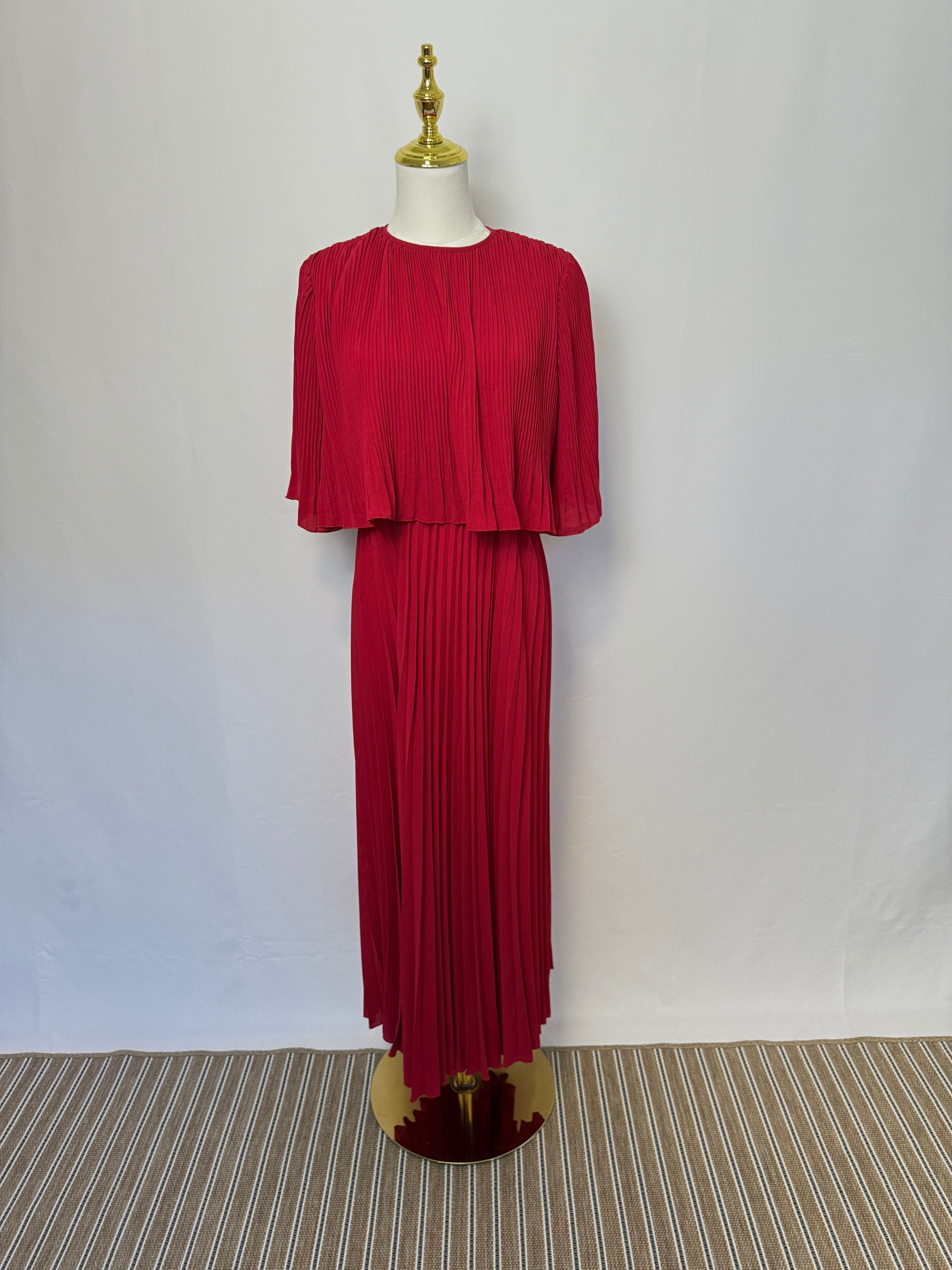 Red Pleated Midi Dress - Size S