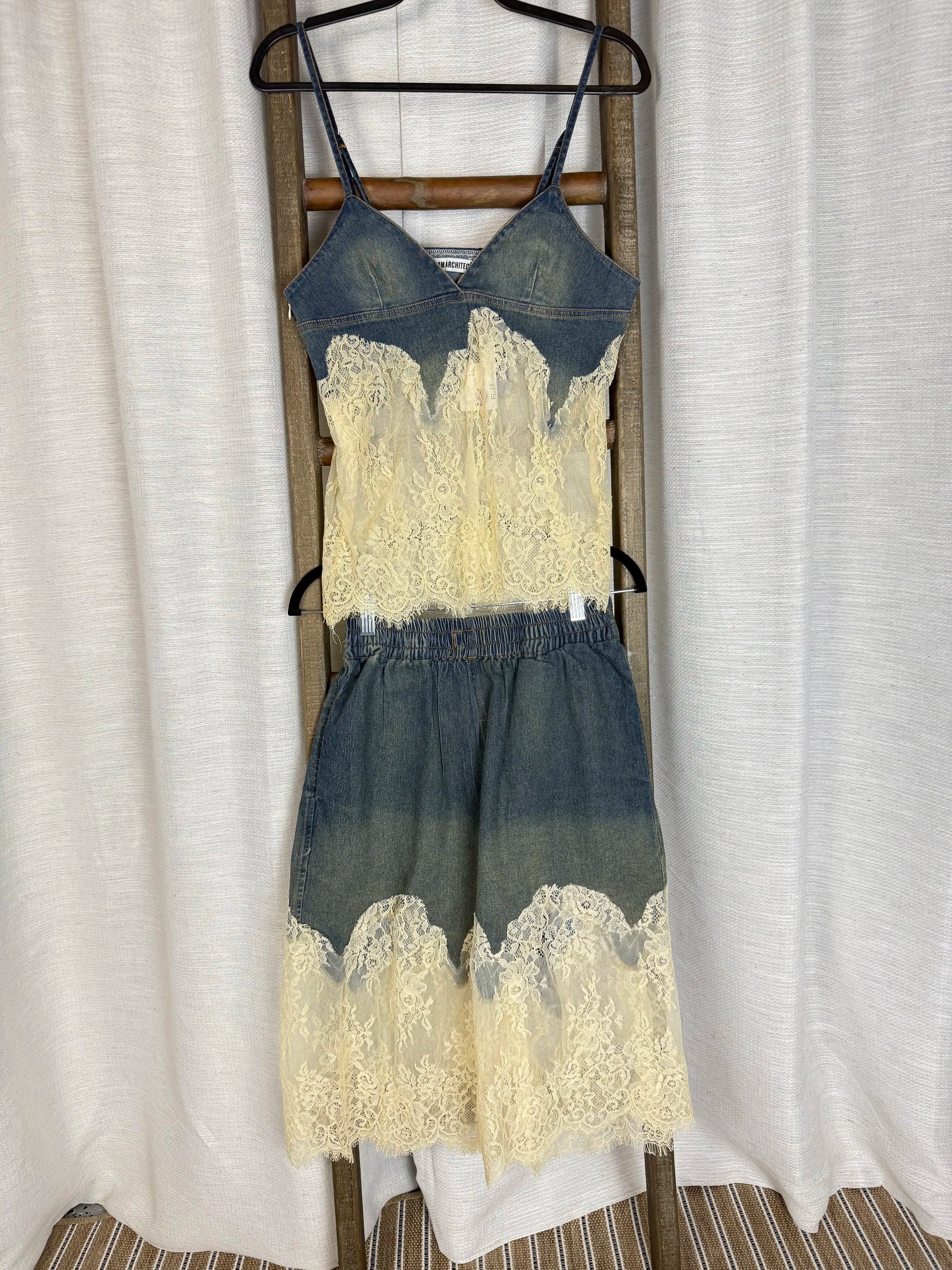 Stretch Denim and Lace Set Elasticized  Waist  and Oversized Shorts - Size S
