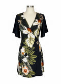 JC Collective US black mini floral wrap dress with short flutter sleeves and a V-neck. Size M.