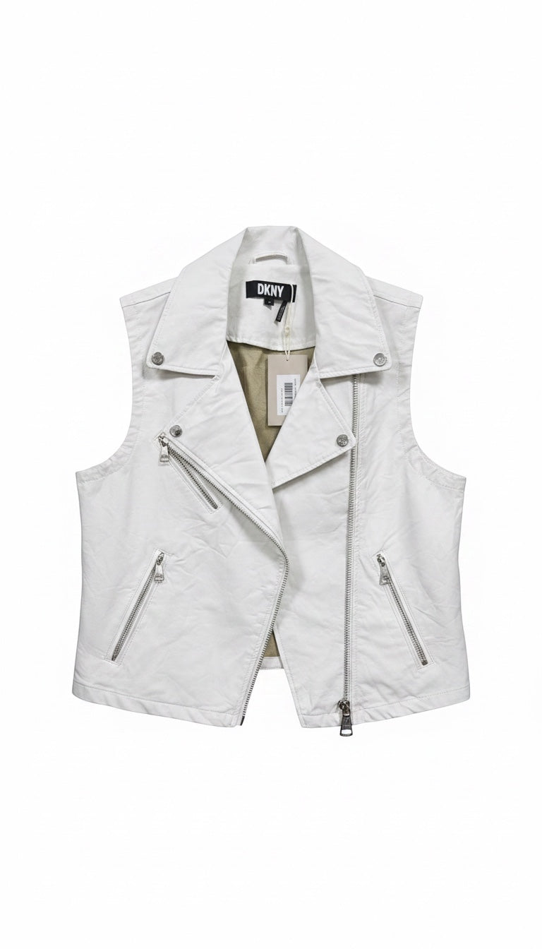 JC Collective US DKNY white polyester asymmetrical zip moto vest with silver hardware and lapel collar.